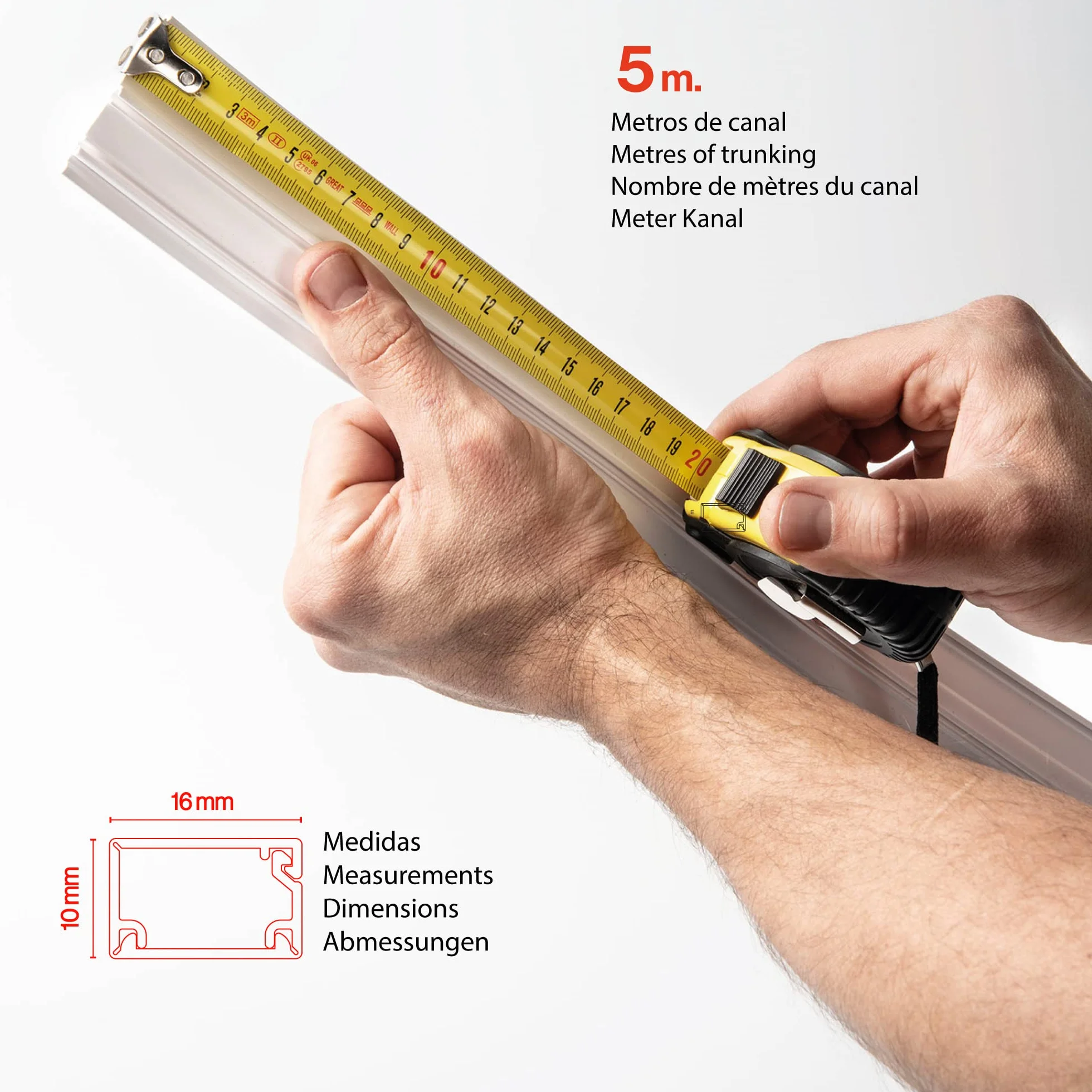 FAMATEL – Canaleta Cables Adhesiva | 5 Metros | 10 x 16 mm | Novedad - Formato Enrollable | Rectangular | Fácil Montaje con Autoadhesivo | Canaleta para cableado | Blanco