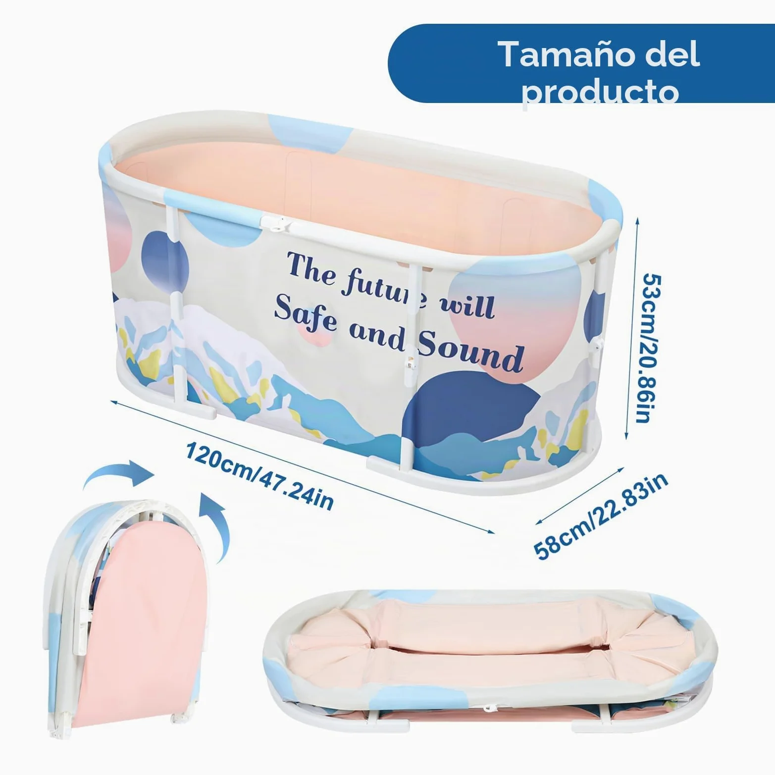 Bañera plegable para adultos de 120 cm, bañera independiente con marco de plástico y doble desagüe, para baño en casa, baño pequeño, ducha, interior exterior (azul claro)