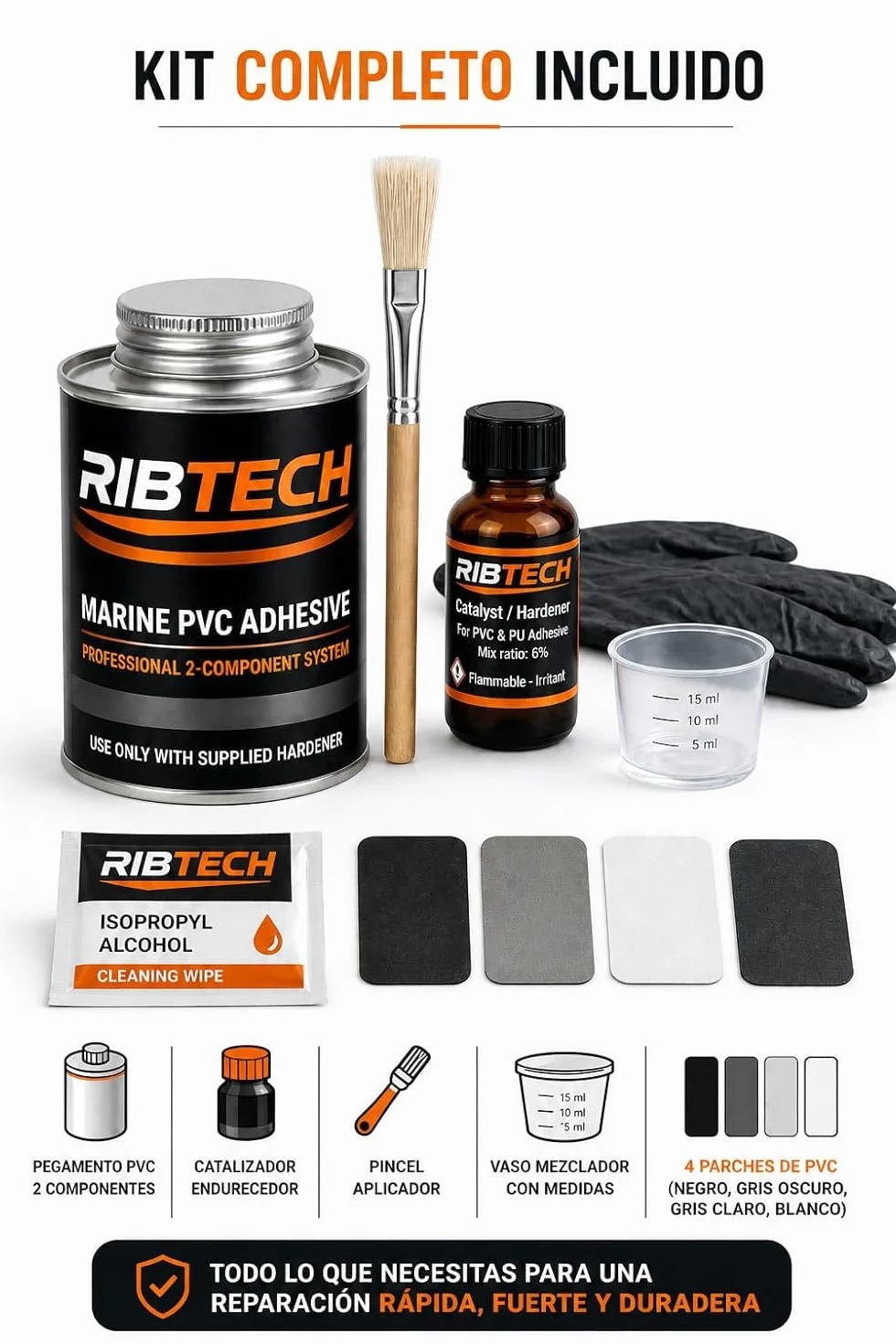 Kit Reparación PVC Profesional – Pegamento PVC 2 Componentes para Zodiac, Paddle Surf, Kayak y Hinchables – Incluye Parches, Pincel, Vaso, Guantes y Toallita (125ml)