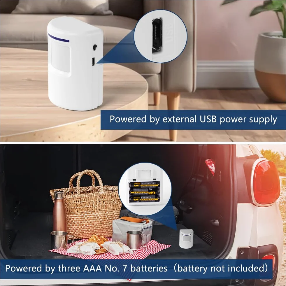 AXFEE Detector de Movimiento Interior PIR, 4 Niveles Volumen, 38 Melodías Alarma Seguridad para Casa Garaje