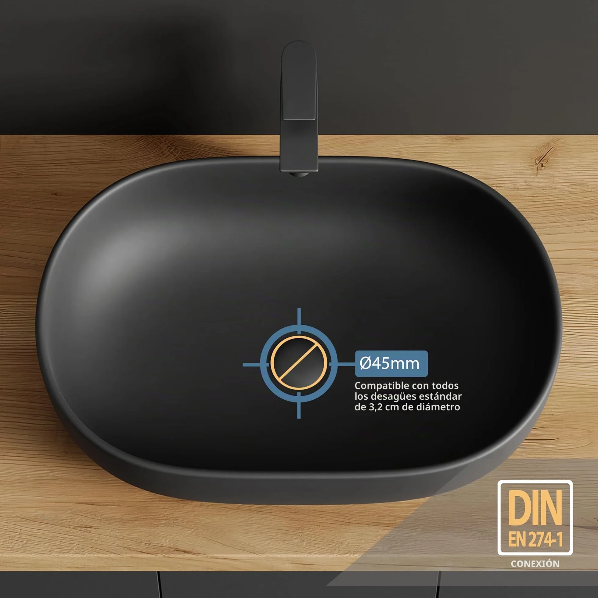 Planetmöbel Aquil Deluxe Lavabo Oval | Lavabo de encimera para baño y aseo de invitados | Lavabo sin orificio para grifo y desagüe | Negro mate, 60 x 40 x 15 cm