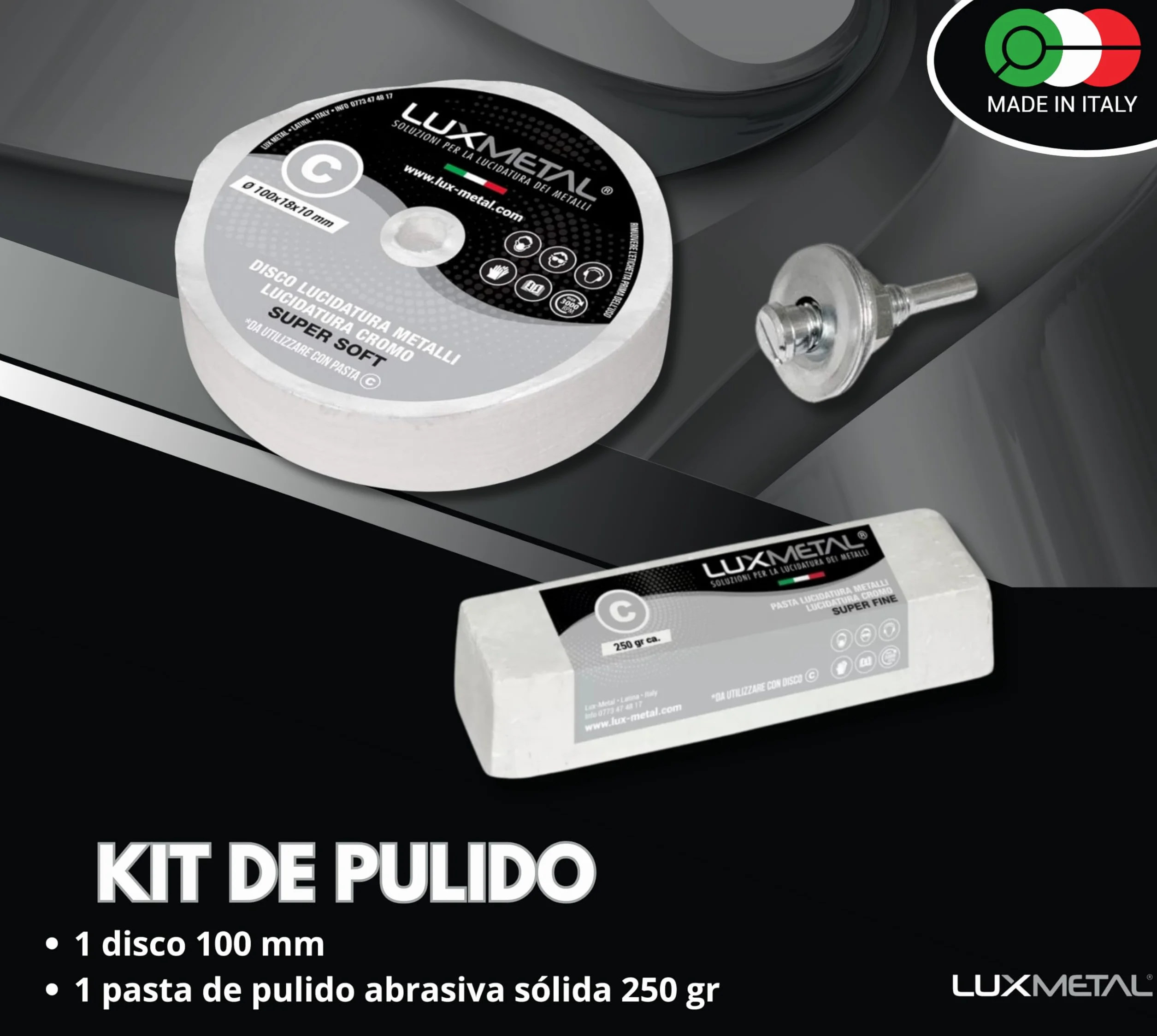 Lux Metal Kit de 1 pasta abrasiva abrillantadora de 250 g y 1 disco de pulido de algodón de 100 mm (S-Fine) para pulir metales, acero inoxidable, aluminio, hierro pulido, cromo, plexiglás, mármol,