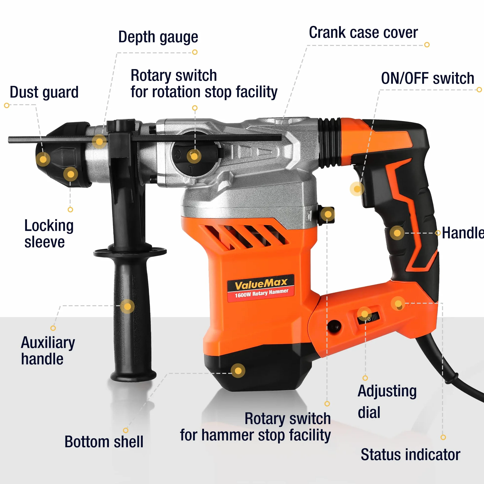 ValueMax Martillo Perforador 3 en 1, Martillo Electrico de 1600W, 0-800rpm, 3 modos y 4 velocidades variables，incluye 3 brocas para martillo perforador SDS Plus, para Hormigón, Metal y Piedra