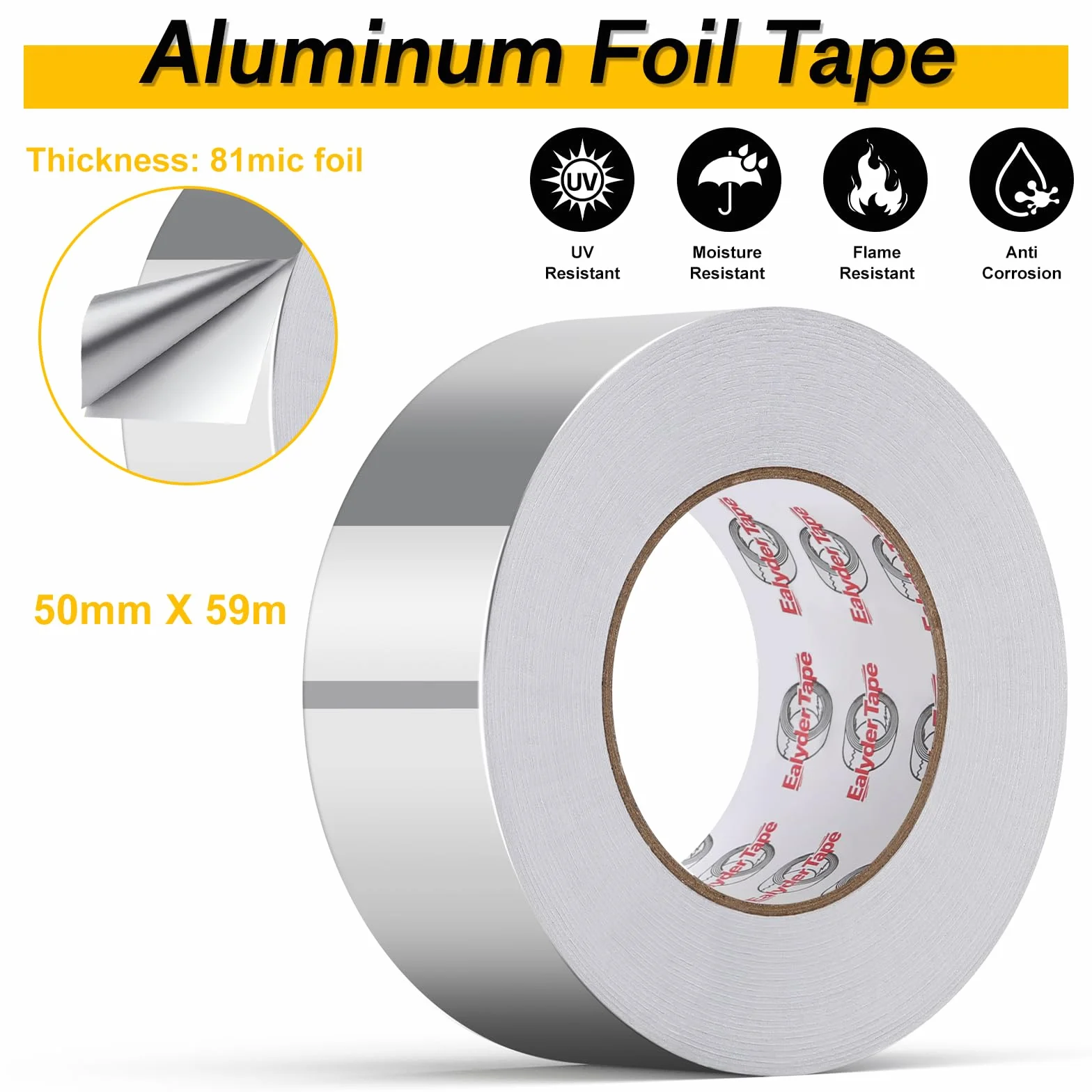 Cinta de Aluminio Selladora para Conductos de Aire 50 mm x 59.5 m, Impermeable, Resiste Vapor y Gas, Altas/Bajas Temperaturas, Robusta, Reparaciones Permanentes