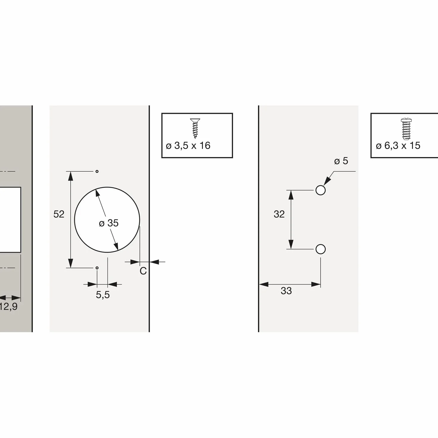 Bisagra especial Hettich ET 582 con hueco bajo para refrigeradores
