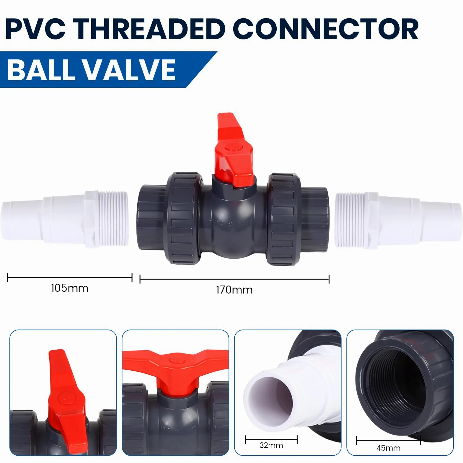 Válvula de bola con conector de manguera de PVC, válvula de cierre para piscina, incluye 1 válvula de cierre de 1 1/2" (50 mm), 2 boquillas de manguera de 32-38 mm, conector de manguera de