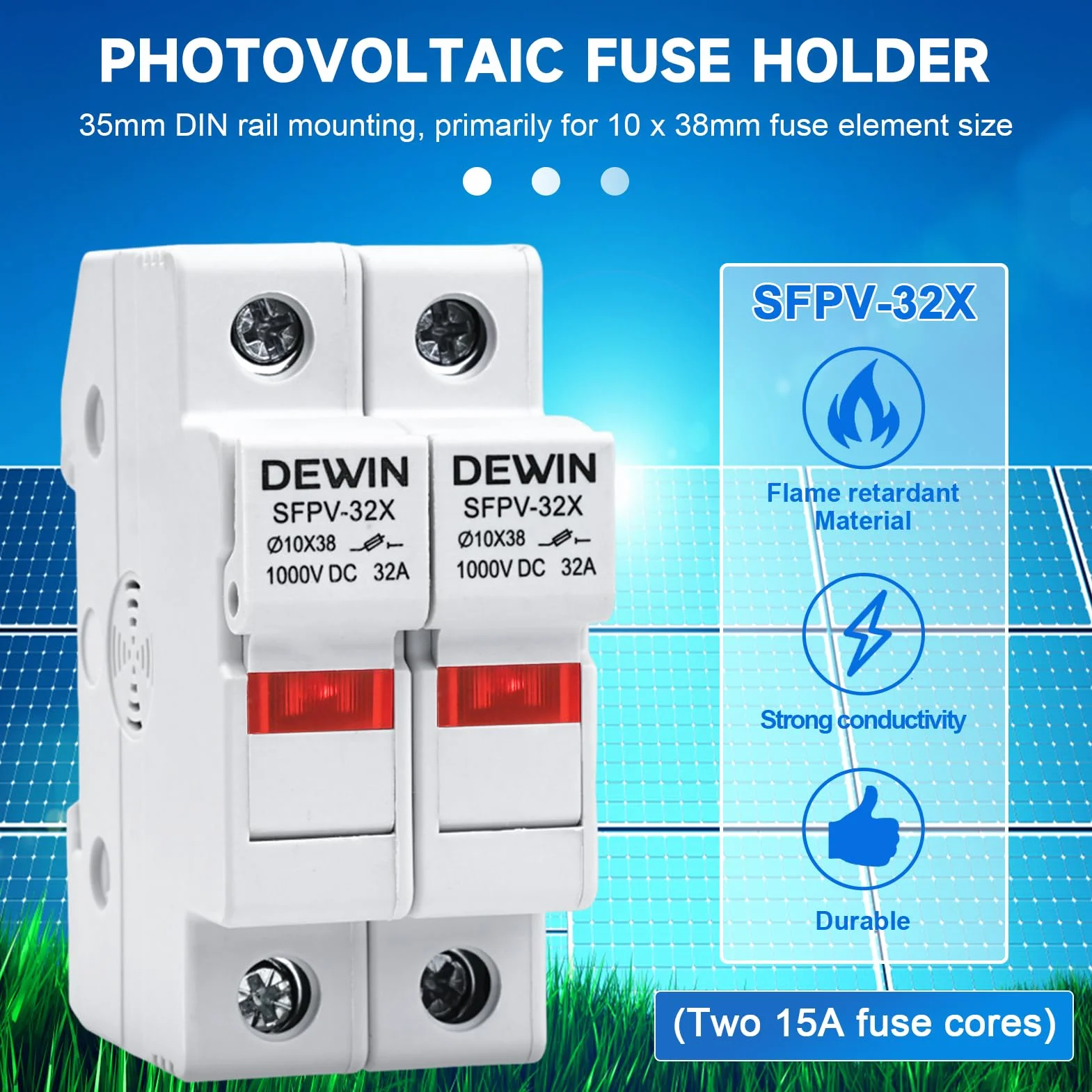 DEWIN Fusible fotovoltaico 2 polos 1000V CC 32A con protección contra sobrecarga y cortocircuito