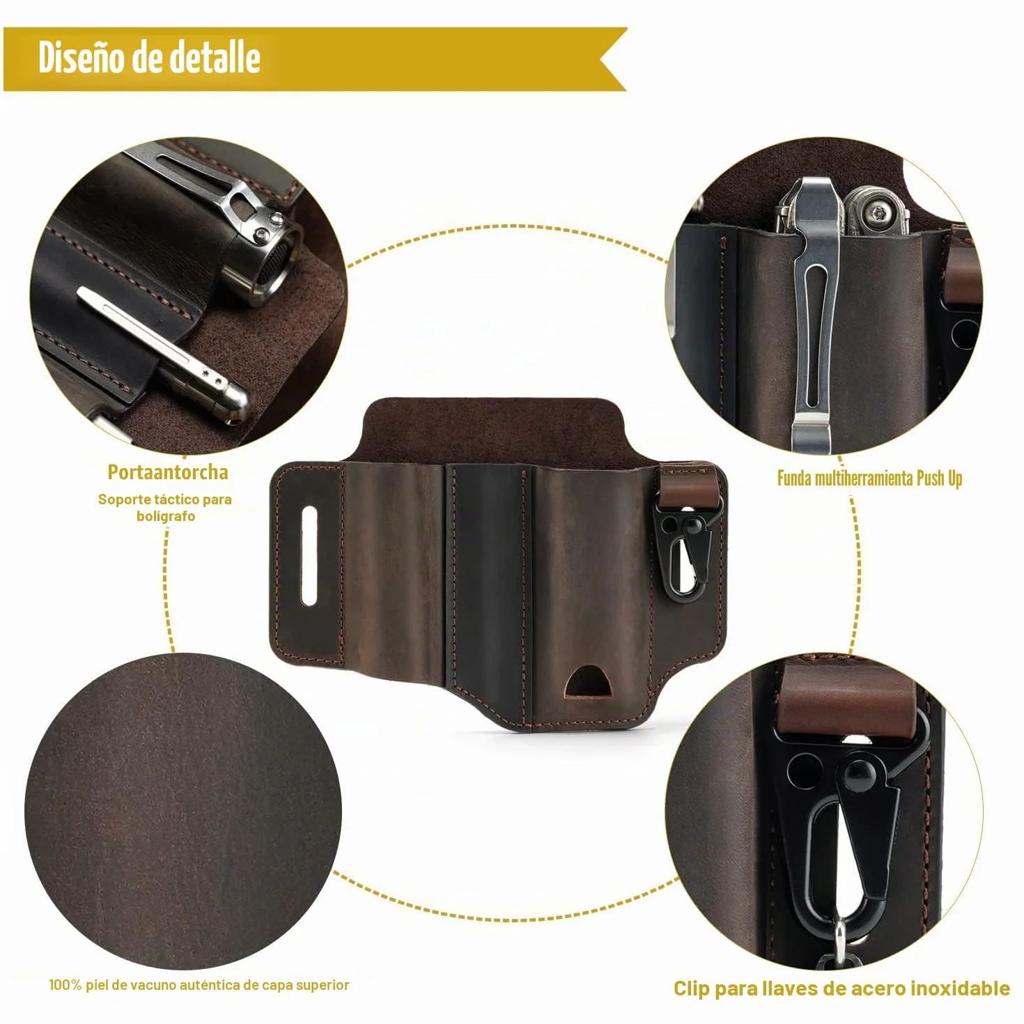 VIPERADE PJ13 EDC Funda de cuero, Multitools Funda/Herramientas Funda/Cuchillo Cinturón Funda/Linterna Vaina para Leatherman Multitools/Cuchillos, Hecho a Mano 3 Bolsillos Organizador Funda