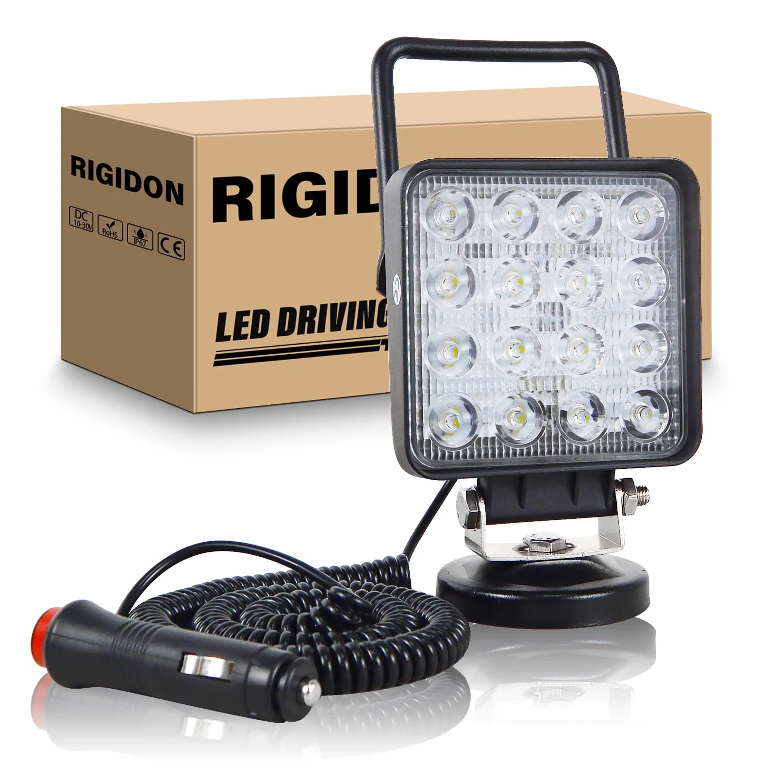 RIGIDON 4 Pulgadas 48W luz de trabajo led con base magnética, Spot Lámpara Trabajo led Portatil 12V 24V para Off Road camión Coche SUV 4x4, Faro Foco led con imán 6000K Blanco