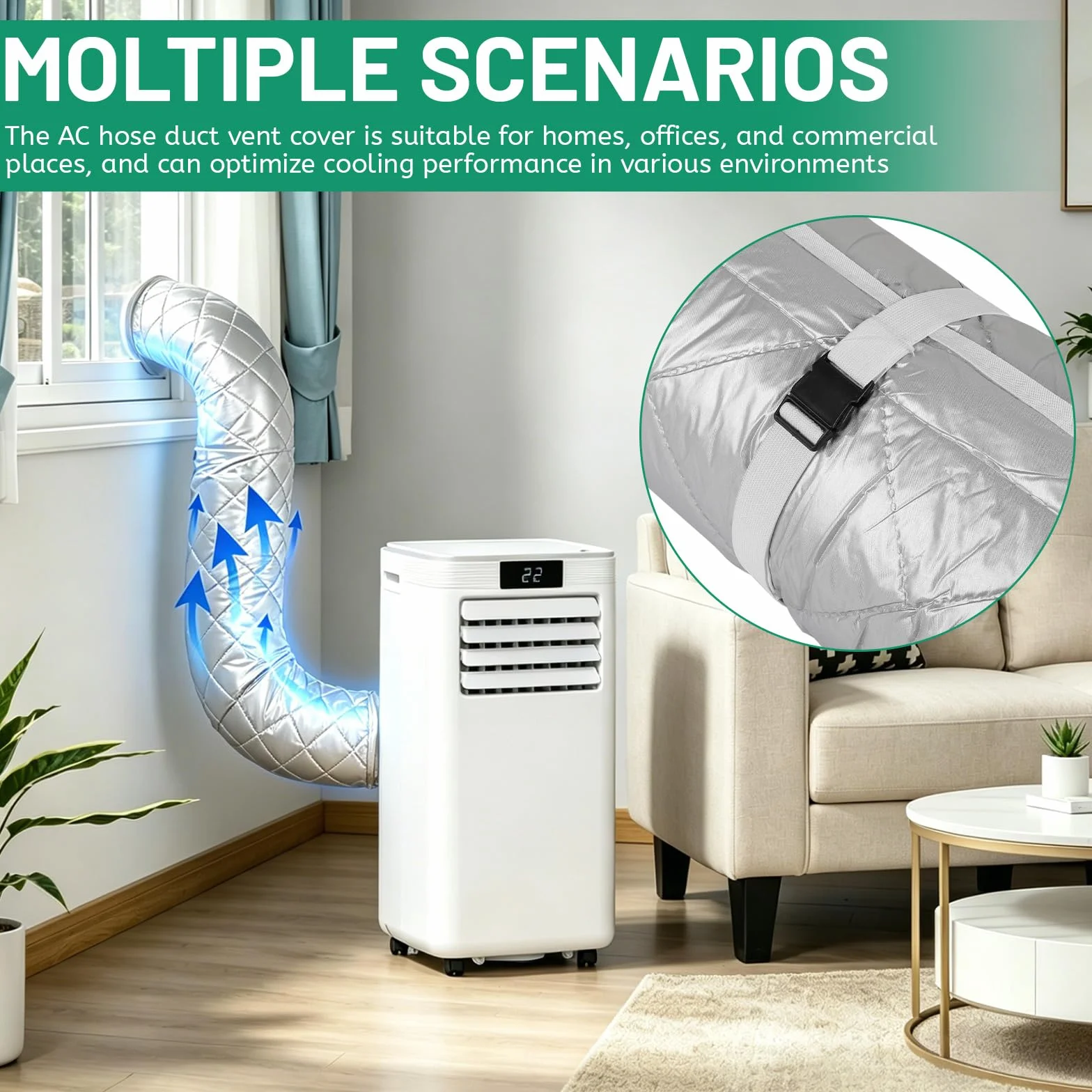 Funda de Aislamiento Portátil para Manguera de Aire Acondicionado 150 x 58,5 cm, 4 Correas Ajustables, 5-7 Pulgadas