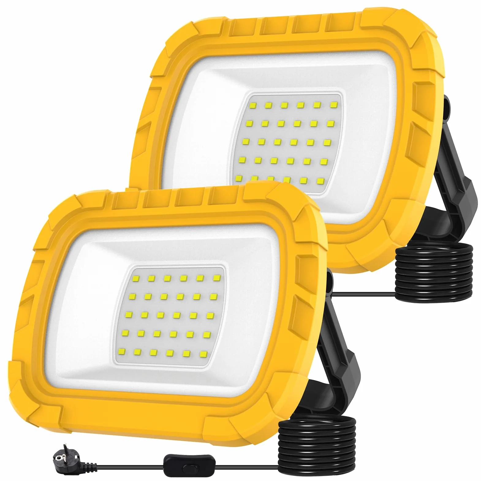 T-SUN 30W Foco LED Portátil, 1000LM Foco Trabajo LED con Enchufe y Cable de 1,8 m, Soporte Plegable, Blanca Fría de 6500K, Luz de Trabajo Impermeable para Garajes, Talleres y Obras- 2 Piezas