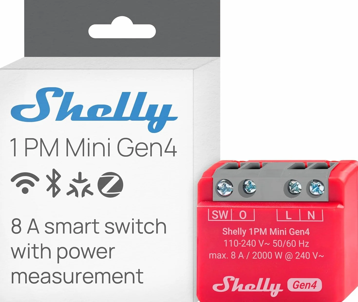 Shelly 1PM Mini Gen4 Inteligente Relé WLAN 1 Canal 8A Medición Potencia Automatización Hogar Alexa Apple HomeKit Google Home Zigbee Matter