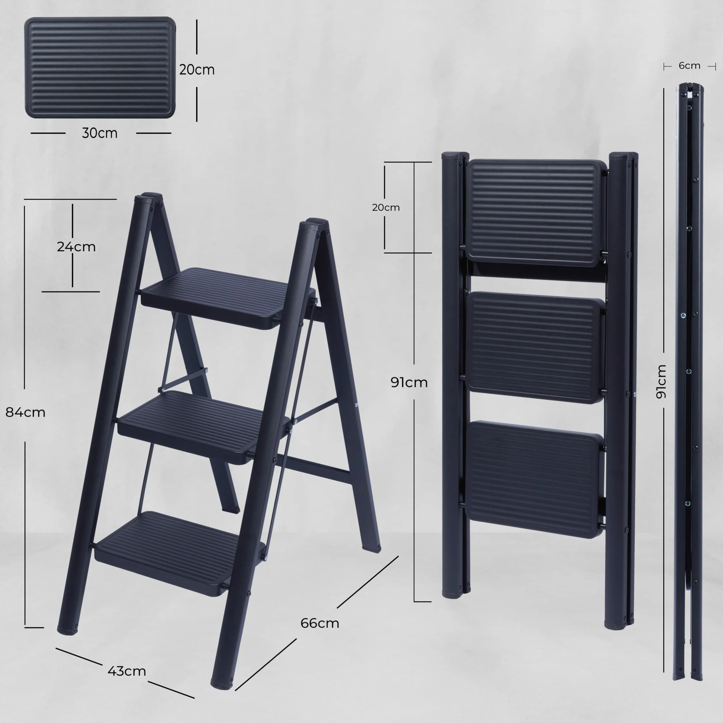 UZIRO Escalera Plegable 3 Peldaños, Escaleras Decorativa, Peldaños Anchos Antideslizantes, Ideal para Uso en Hogar, Cocina y Oficina, Fácil de Guardar y Transportar, Resistente (Negro, 3 Peldaños)