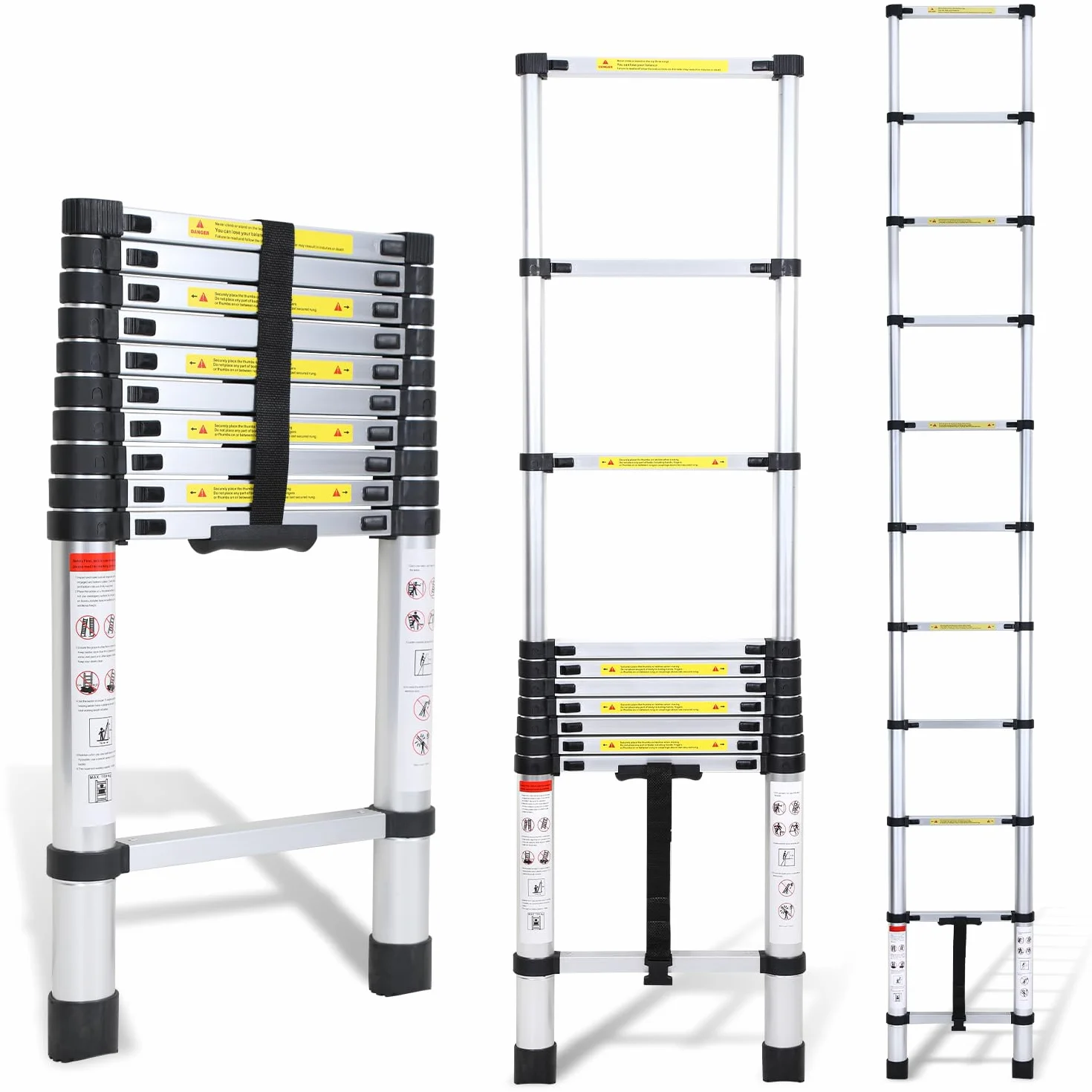 Escalera telescópica de aluminio, 3,2 m, portátil, extensible, telescópica, escalera multiuso antideslizante, capacidad de carga de 150 kg, para jardín, interiores y exteriores