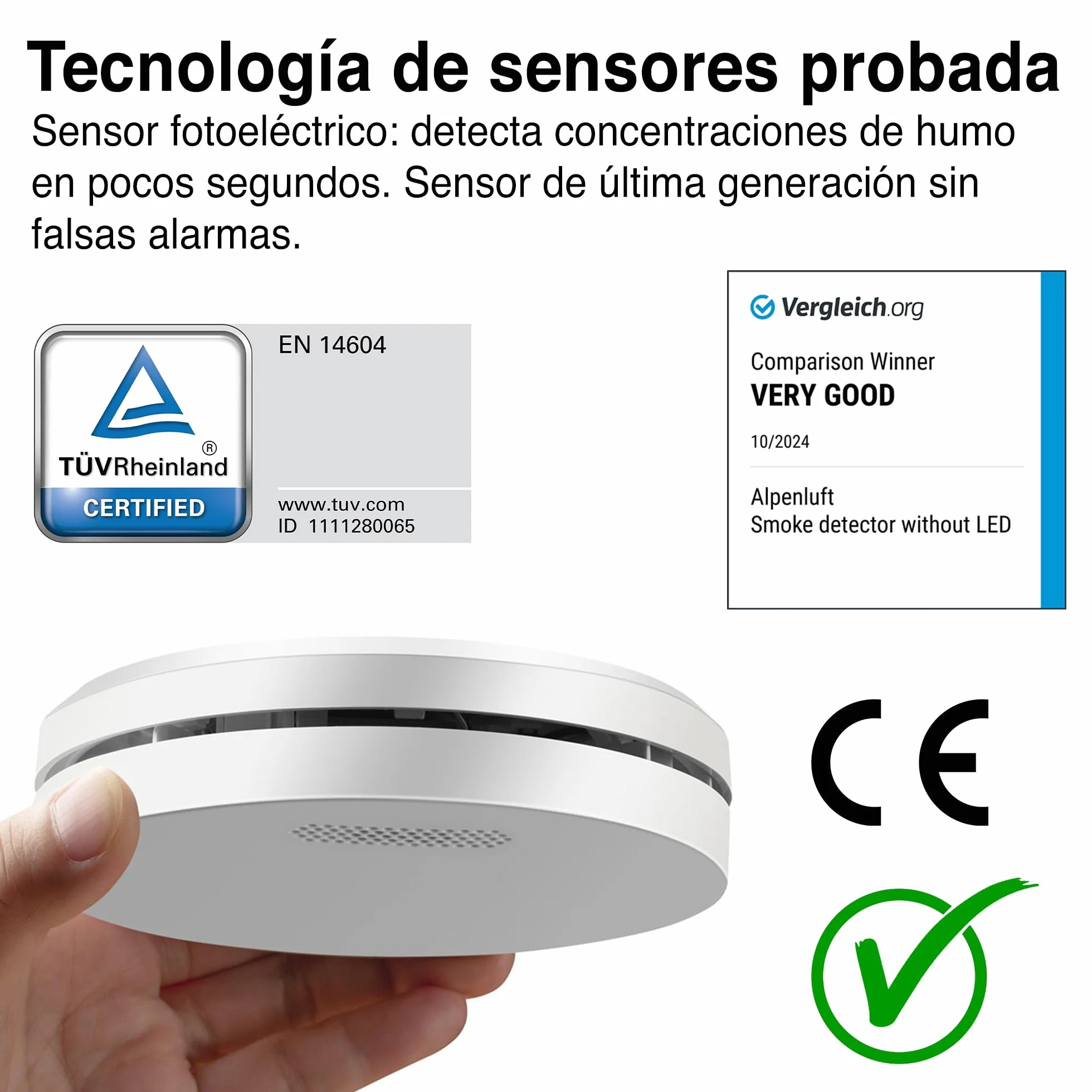 ALPENLUFT Detector de Humo 10 años de batería, Sin perforación, para hogar