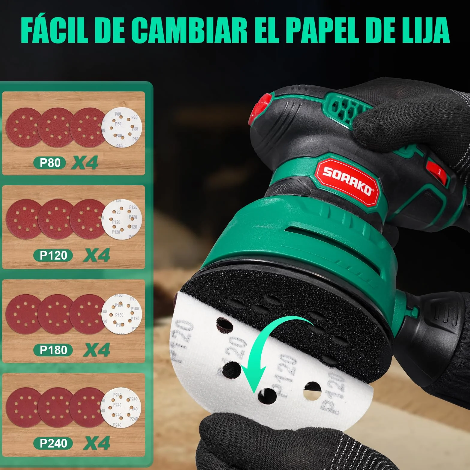 Lijadora Orbital 350W 125MM - 6 velocidades,16 hojas de lijado incluidas,con recolección de polvo y función de freno rápido,Ideal para lijar y pulir madera,en proyectos de afición