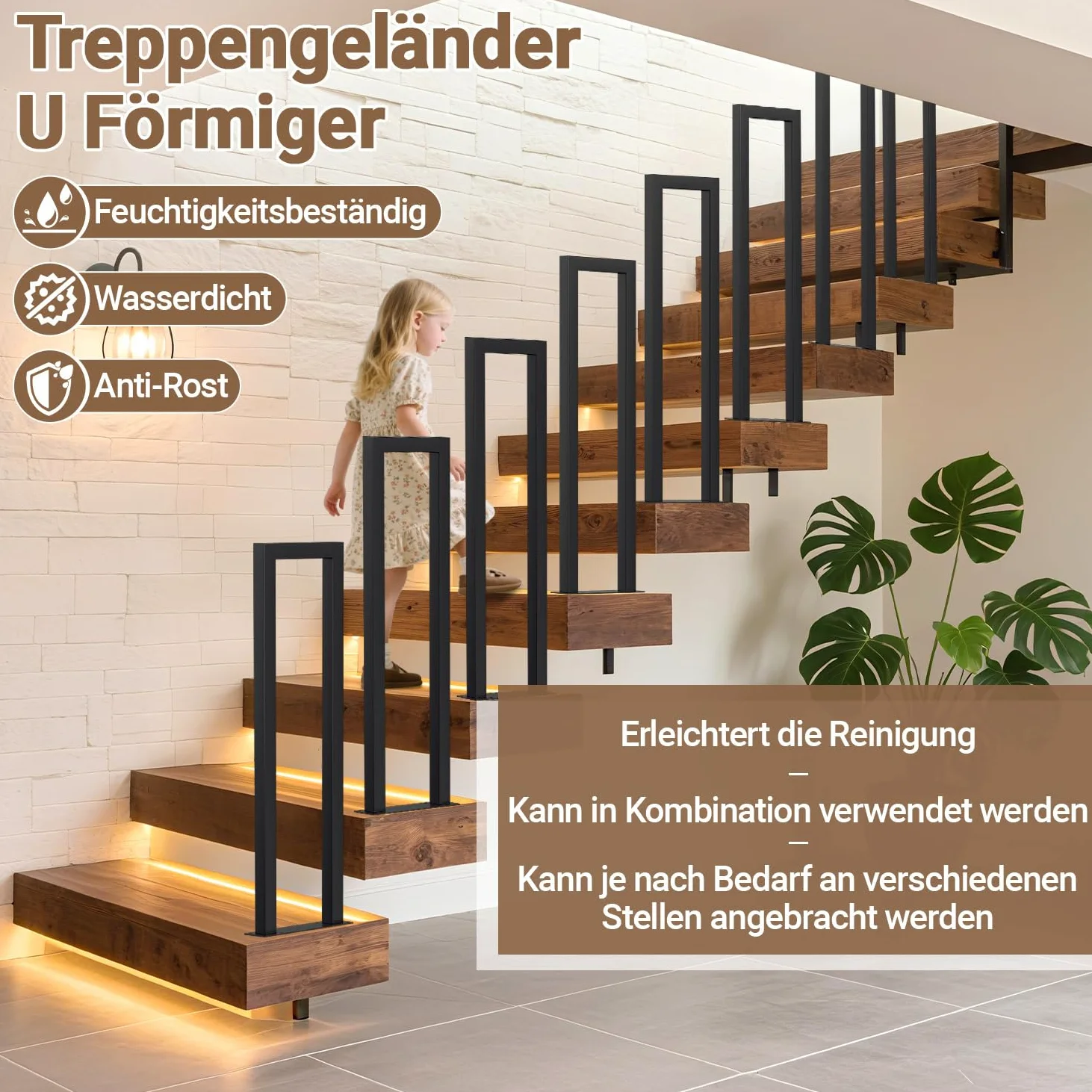 Barandilla para escaleras, barandilla negra en forma de U de 85 cm, pasamanos metálico, barandilla para escaleras con tubo cuadrado para lofts, villas y apartamentos, placas base conectadas