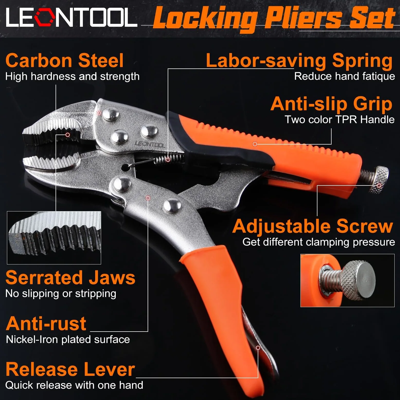 LEONTOOL Juego de alicates de bloqueo de 6 piezas, juego de alicates de agarre de tornillo de banco de 5, 7 y 10 pulgadas, alicates de bloqueo de mandíbula curvada, 6-1/2 pulgadas, 9-1/2 pulgadas,