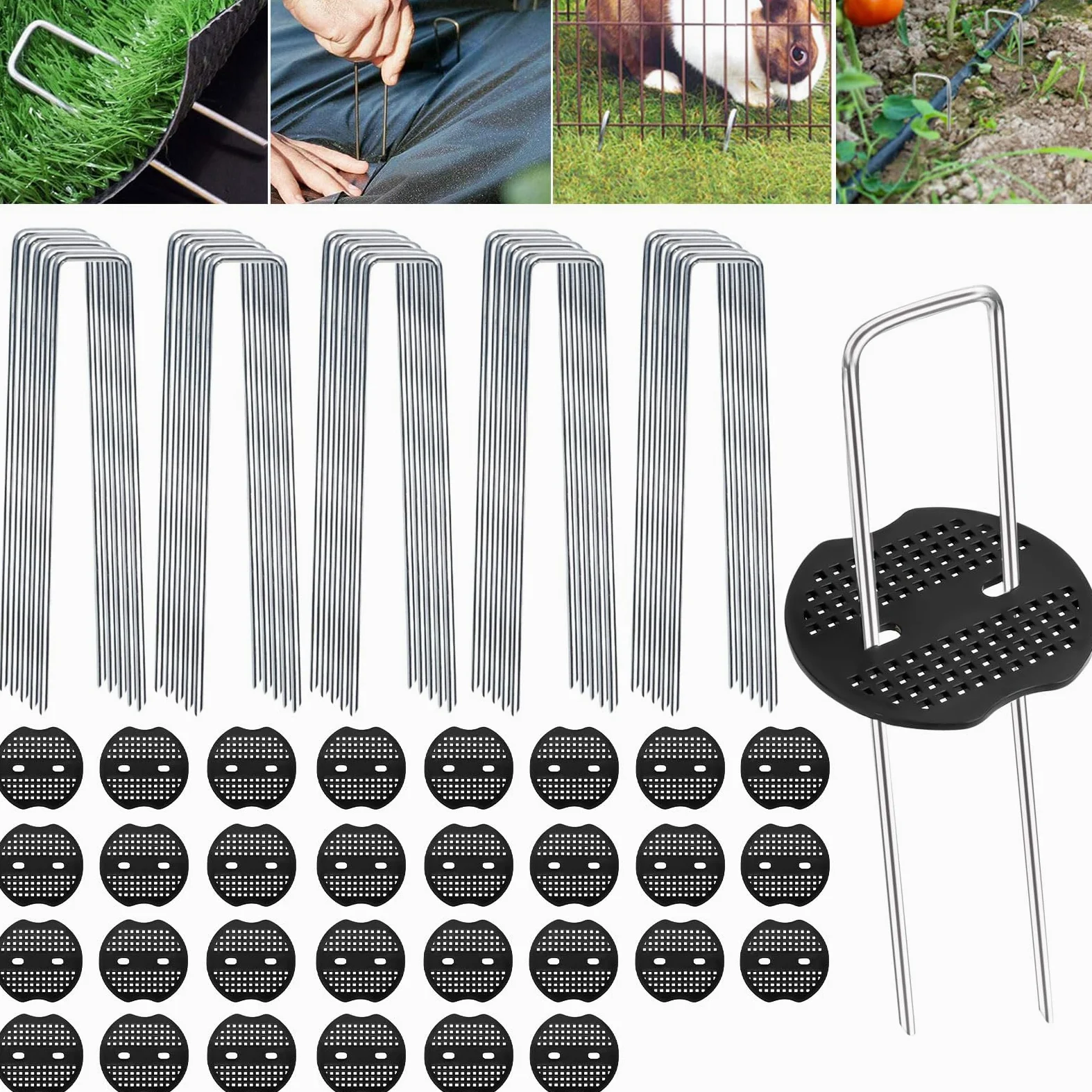 Frasheng Grapas Césped Artificial, 100 Grapas para Jardín y 30 Arandelas, 150x30x3mm, Acero Galvanizado, Grapas para Malla Antihierba, Cesped Artificial y Jardin