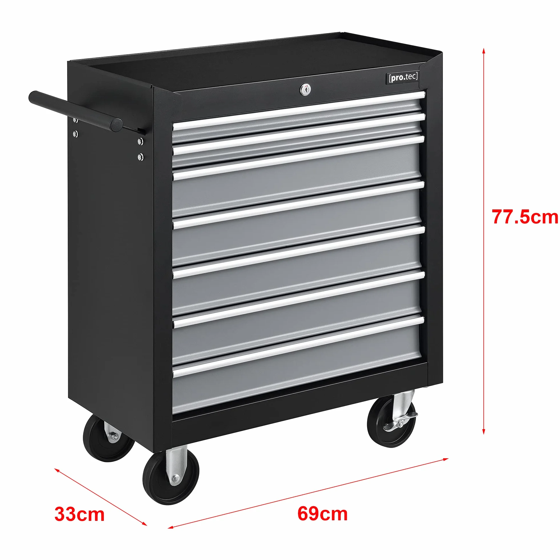 pro.tec Carrito de Herramientas de Acero 7 Cajones 4 Ruedas Taller Móvil Negro 69x33x77,5 cm
