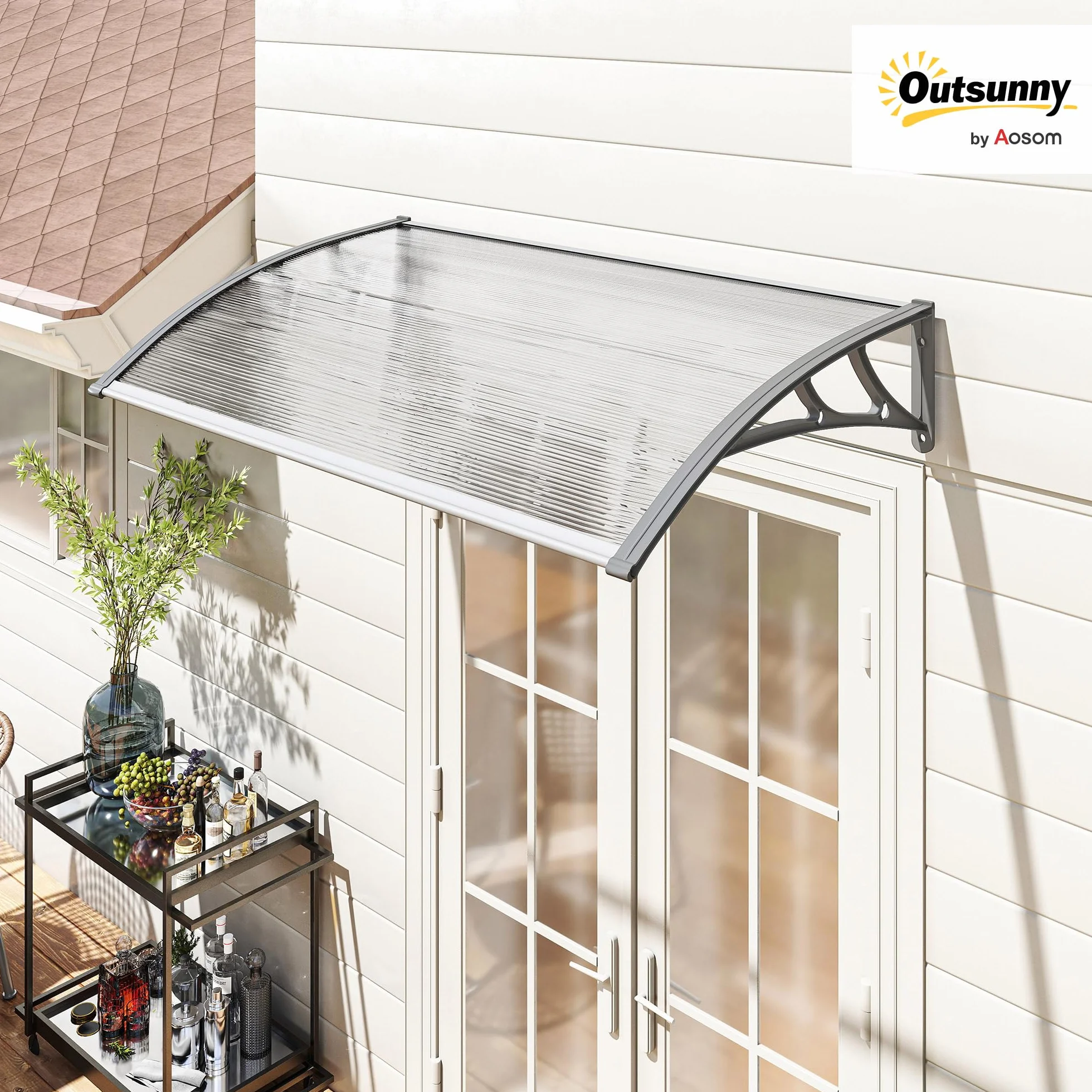 Outsunny Marquesina Exterior 110x60 cm Tejadillo Protección Sol Lluvia Policarbonato Soportes PP Regleta Aluminio Gris Transparente