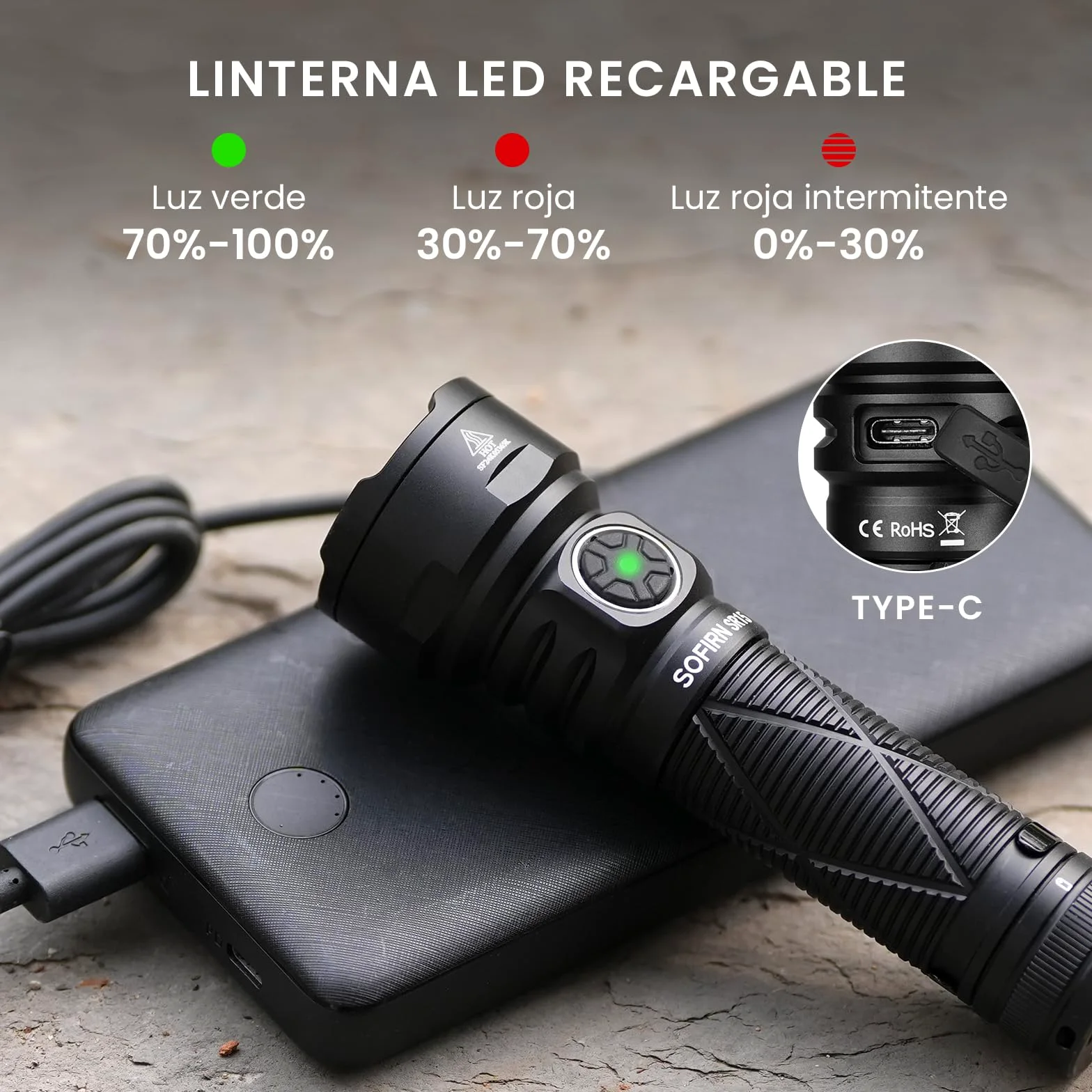 Sofirn SR15 Linterna LED Recargable, 4500 Lúmenes, 510 m Alcance, Linterna Tactica con 8 Modos, USB-C, IPX8 Impermeable, Base Magnética, Clip y Diseño Compacto para Trabajo, Emergencias y Uso Diario