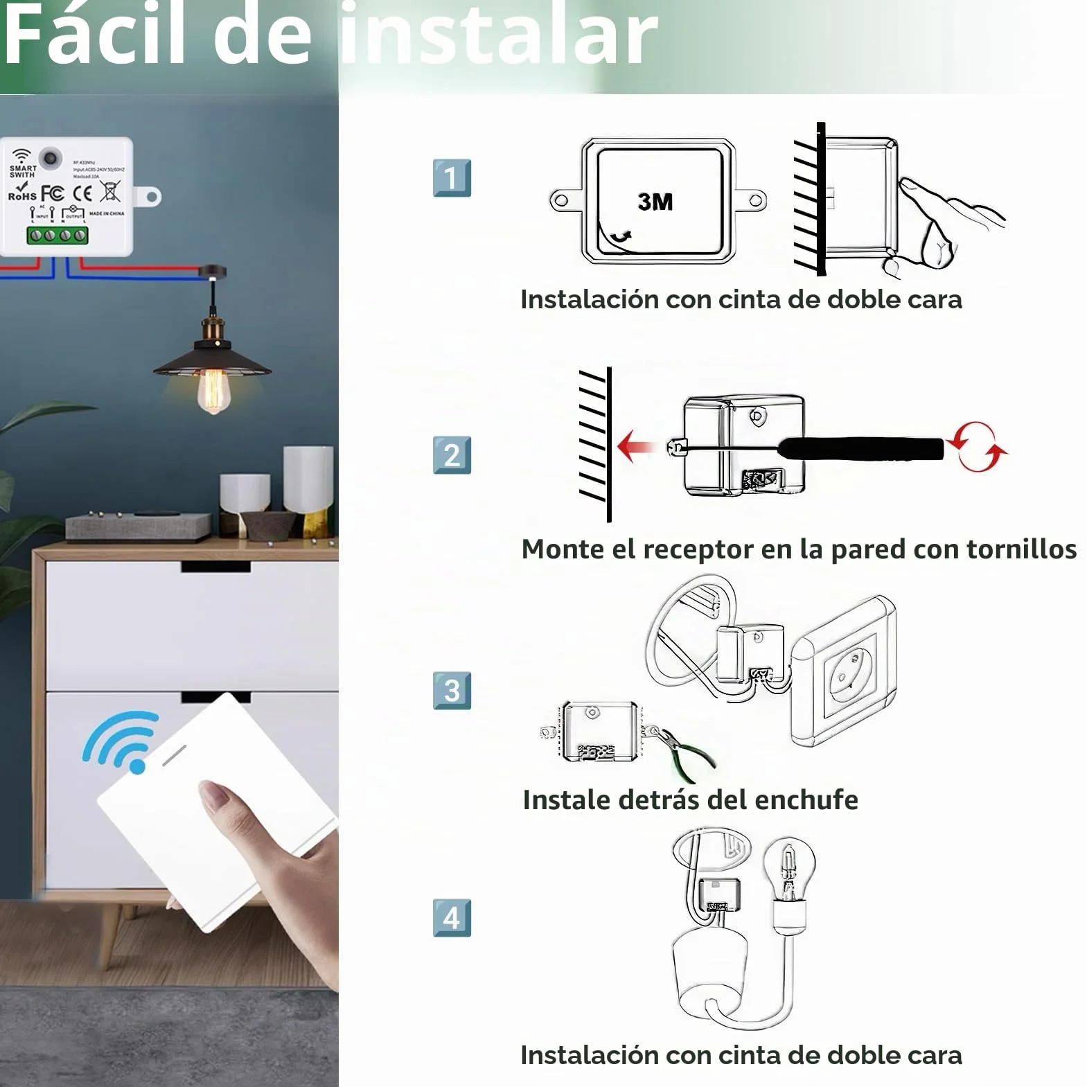 Interruptor de luz Inalámbrico, Interruptor Kit con Transmisor de RF y Controlador del Receptor 10A Fácil Instalación para Lámpara de Hasta 1500W, Control Remoto Alcance de 50M