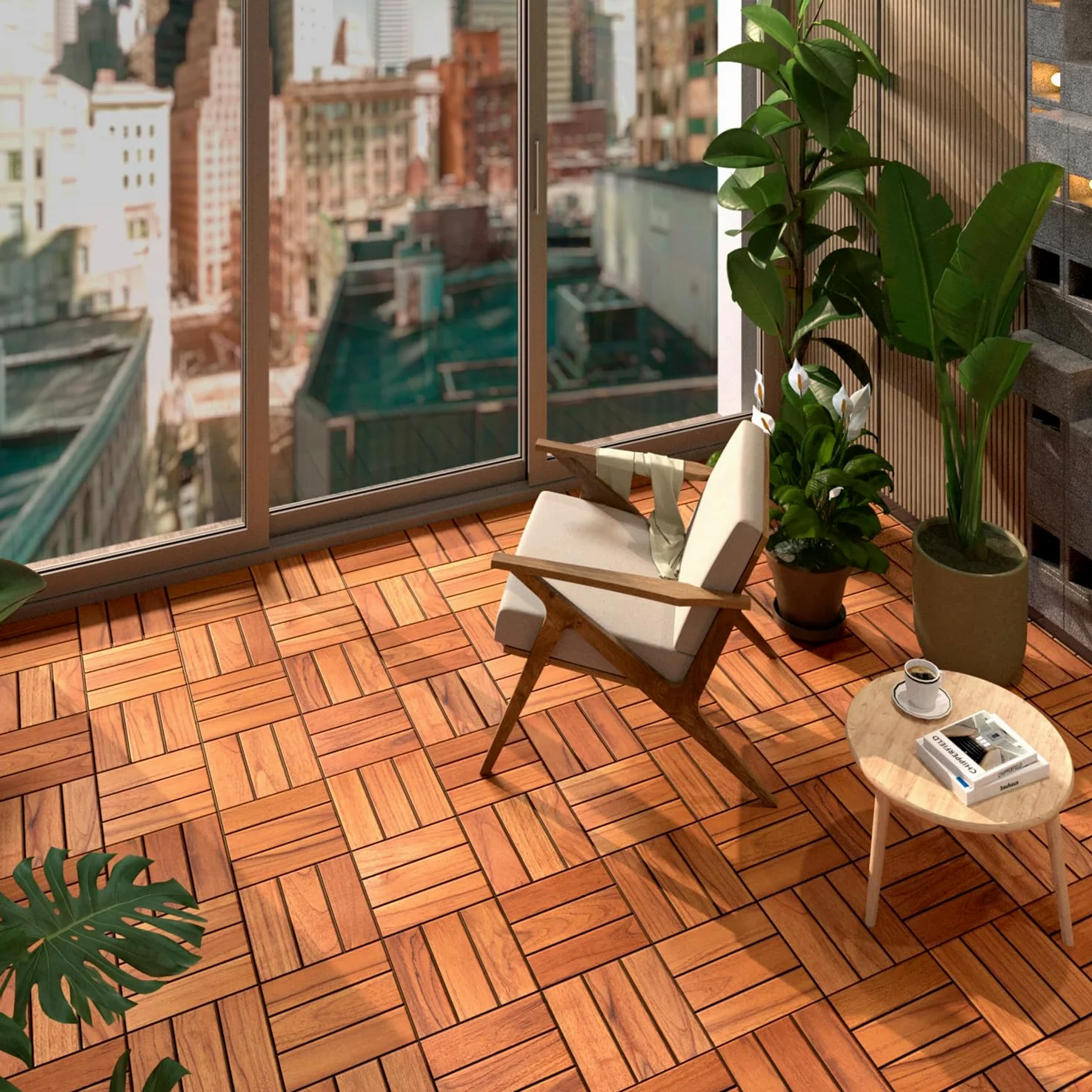 Azulejos de madera dura entrelazados (12 láminas, natural) (madera de teca, 9 unidades, 12 láminas)