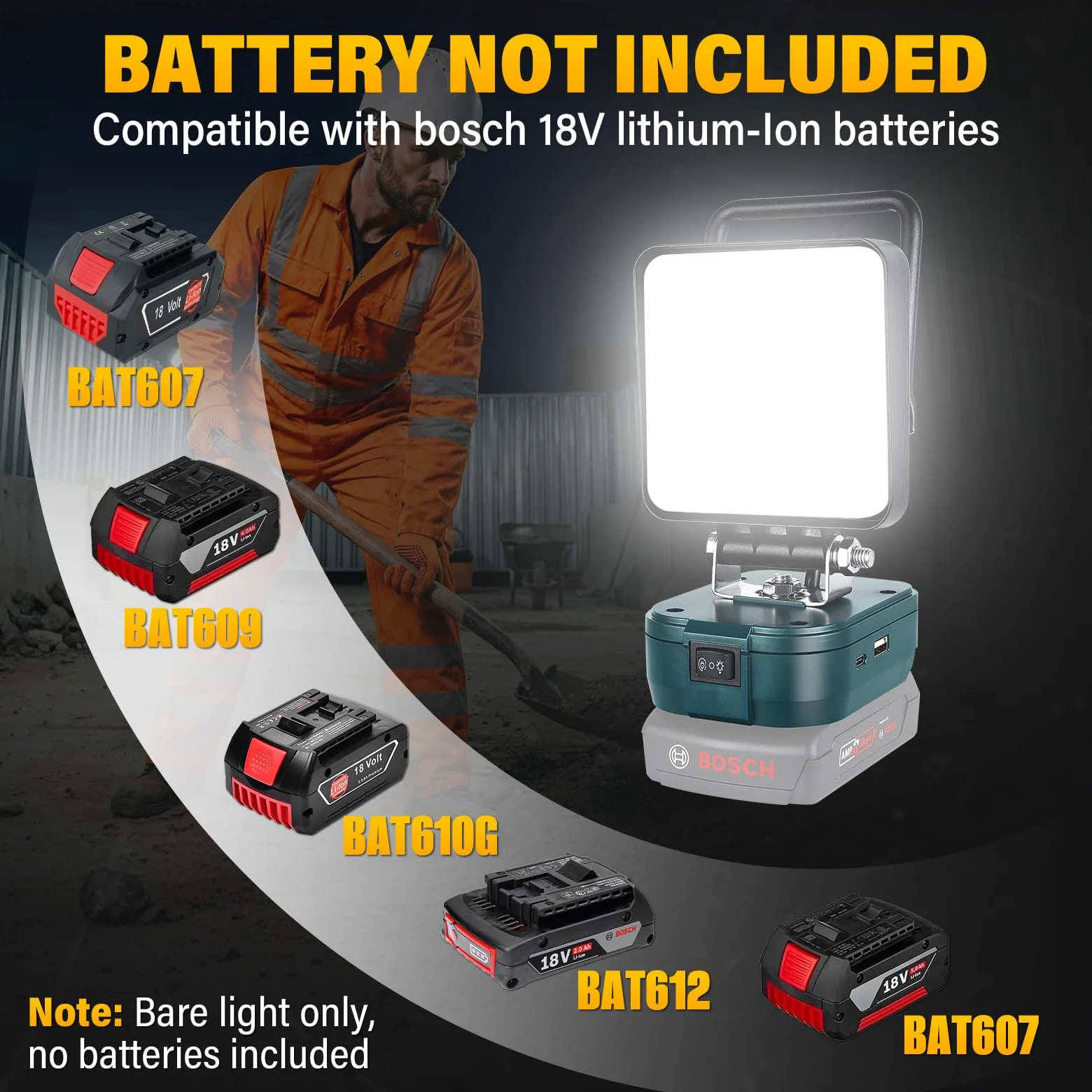 RIGIDON recargable portatil foco de trabajo led para batería bosch 18V /20V | sin batería, 4 pulgadas, 48W 4800lm, foco led Lámpara, para camping trabajo pesca construcción, emergencia, 6000K blanca