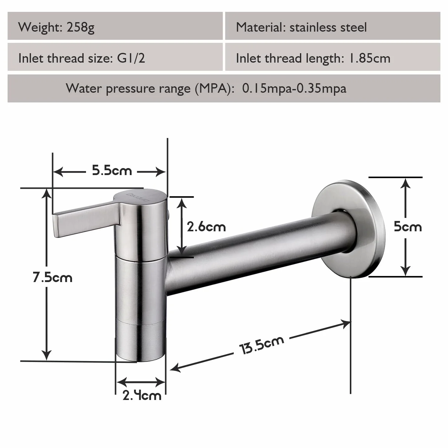 Decaura Grifo de agua fría montado en la pared de acero inoxidable grifo de agua fría montado en la pared de 13 cm grifo frío en pared para baño, lavabo, balcón, cocina