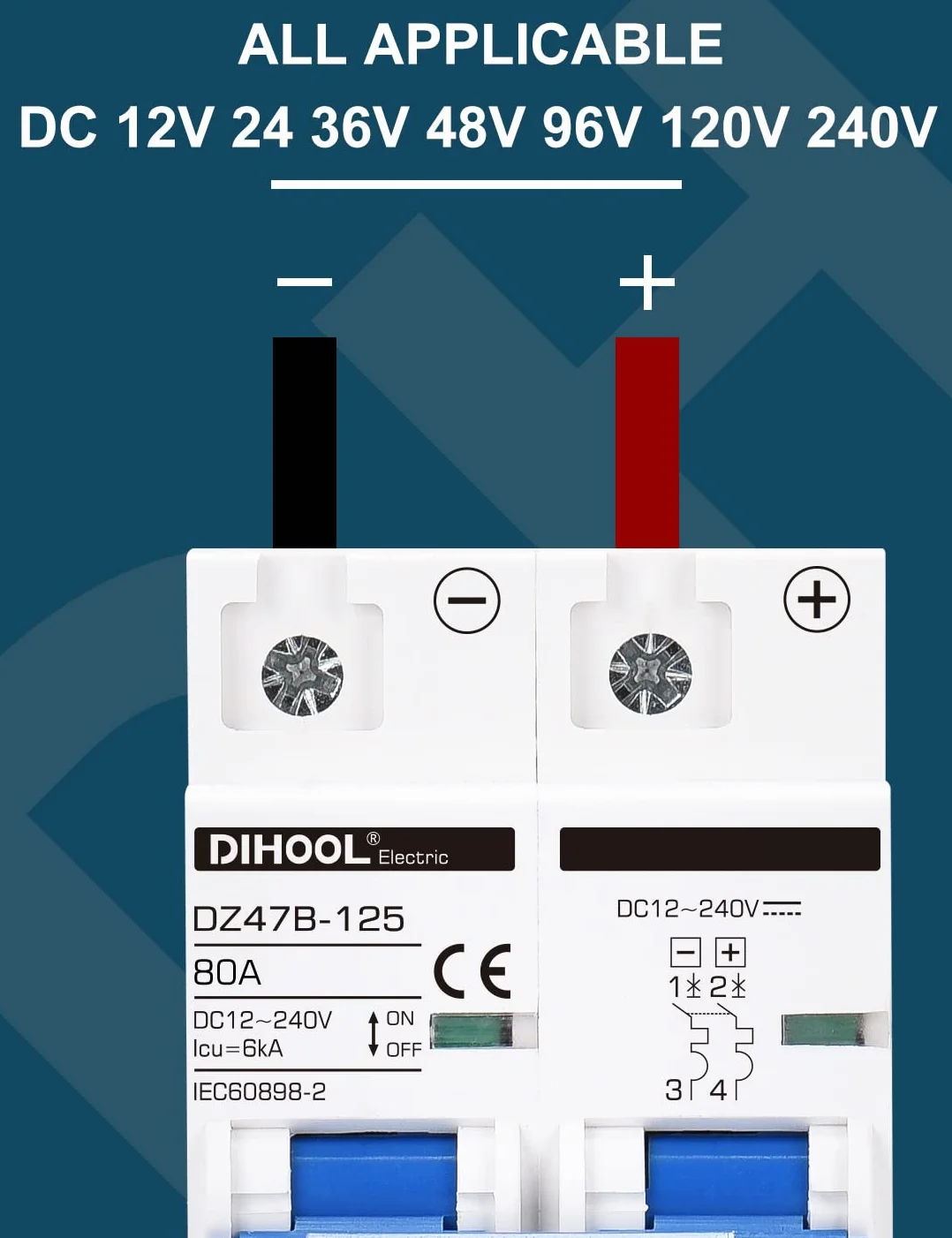 Disyuntor DC dz47 2P 80Amp 12V 24V 36V 48V DC MCB protección contra cortocircuitos aislador de interruptor de desconexión para panel solar batería UPS inversor fotovoltaico sistema fotovoltaico