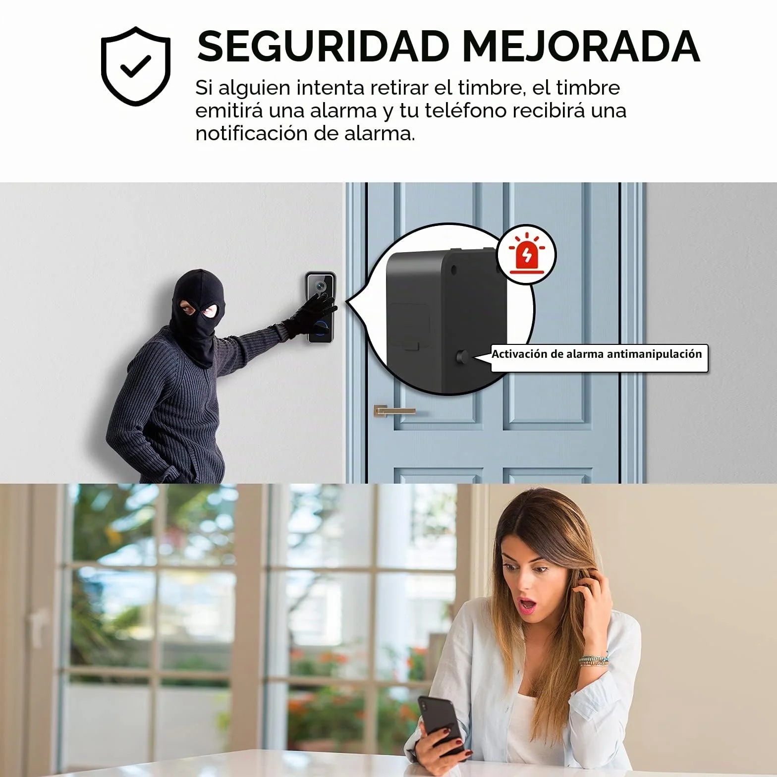 XTU Timbre Inalámbrico con Cámara WiFi, 2K HD Vídeo Timbre Puerta Inteligente con Cámara,Detección Humana PIR,Visión Nocturna,Audio Bidireccional,SD y Almacenamiento en la Nube, IP66 Impermeable