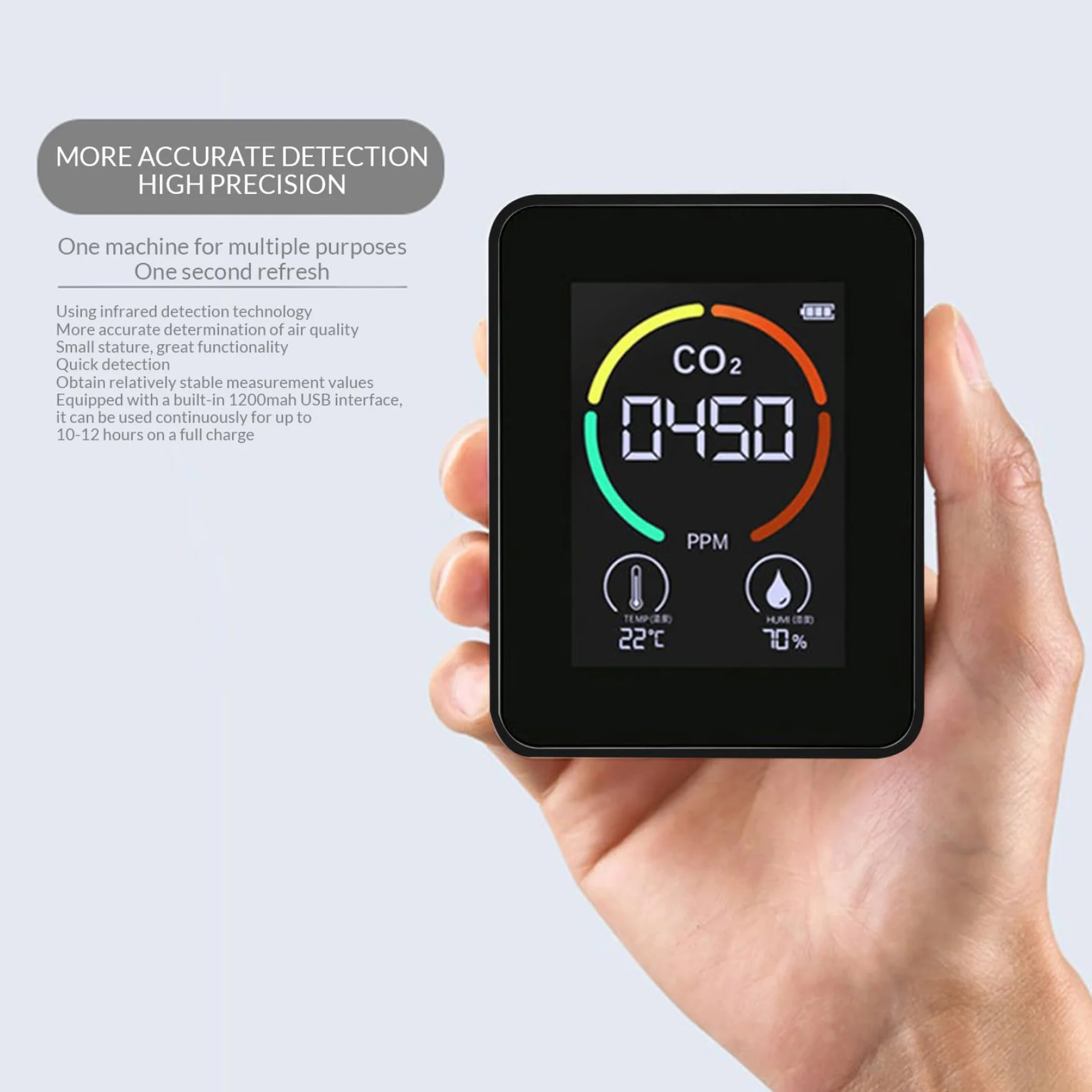 Detector de CO2, 3 en 1 con LCD Que Muestra un Monitor de Calidad del Aire portátil Muestra la Temperatura Ambiente y la Humedad para Las Carpas de Cultivo de Casas rodantes, 400-5000ppm Negro