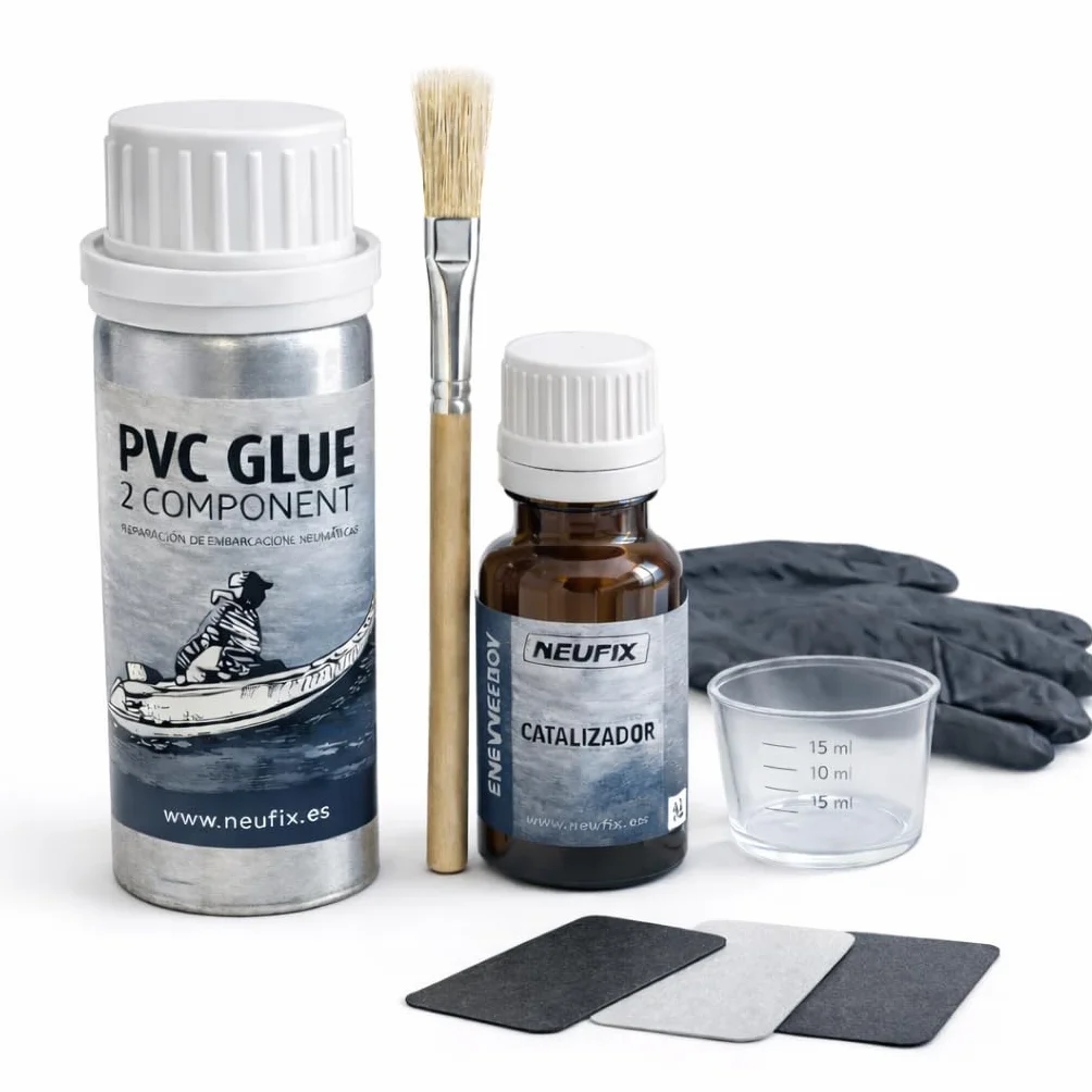 Kit Reparación PVC Profesional – Pegamento PVC 2 Componentes para Zodiac, Paddle Surf, Kayak y Hinchables – Incluye Parches, Pincel, Vaso, Guantes y Toallita (125 ml)