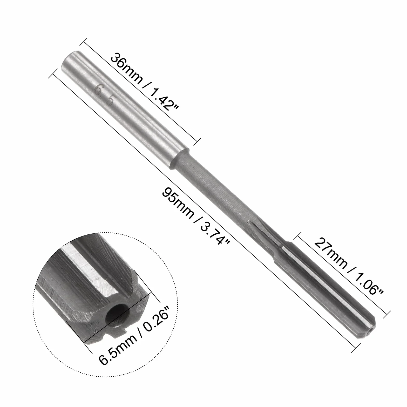 Escariador de Mandril 6.5mm H7 HSS 6 Flautas Rectas, Herramienta de Corte de Vástago Redondo