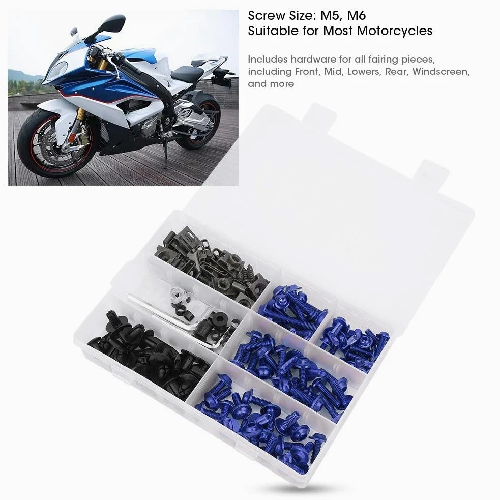 Kit Pernos Carenado Motocicleta, Juego 198 Piezas Tornillos M5 M6 Parabrisas Sujetadores Coloridos Aluminio para Montaje Carenas Motos