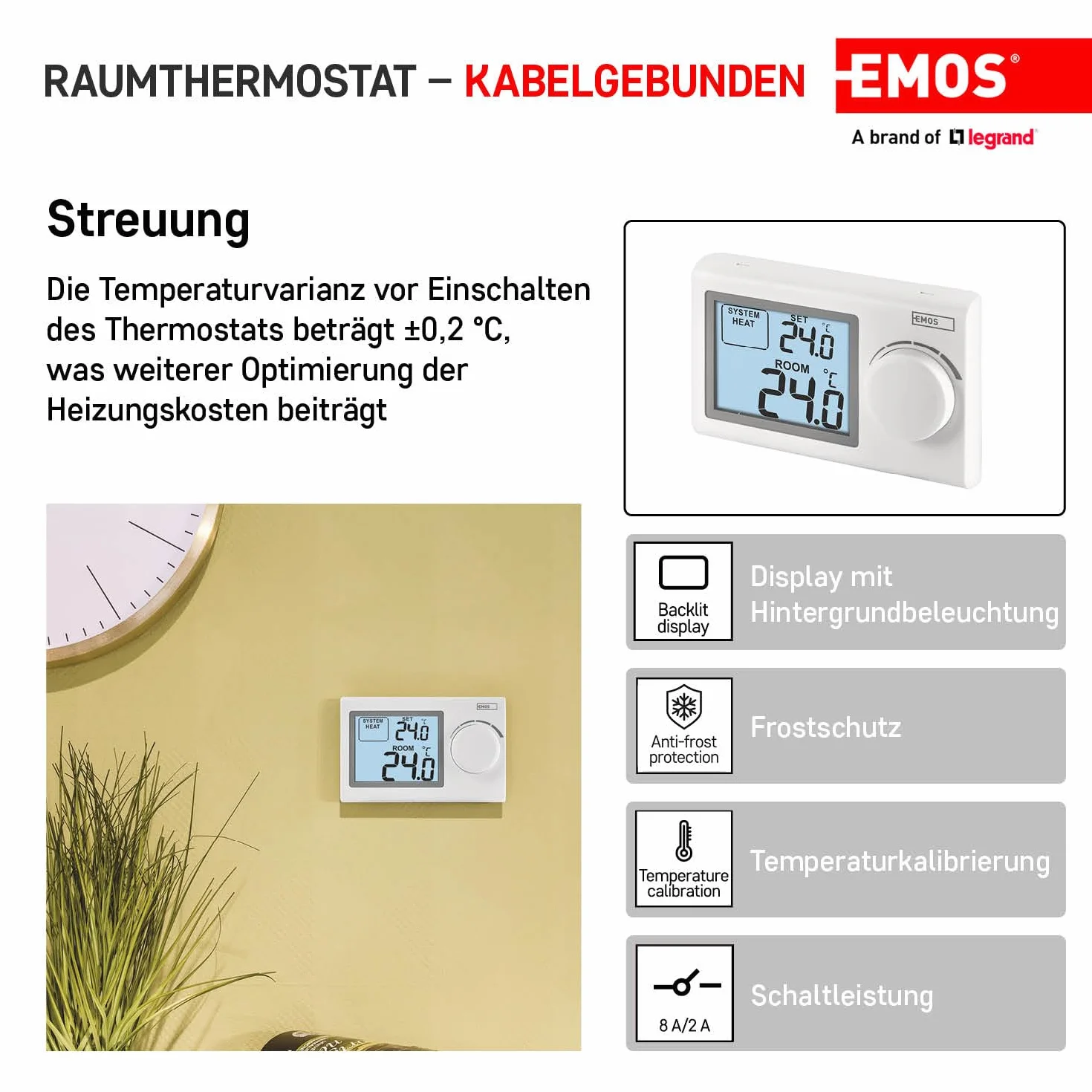 EMOS P5604 - Termostato digital de pared para sistemas de calefacción y refrigeración, regulador de temperatura con rueda de ajuste