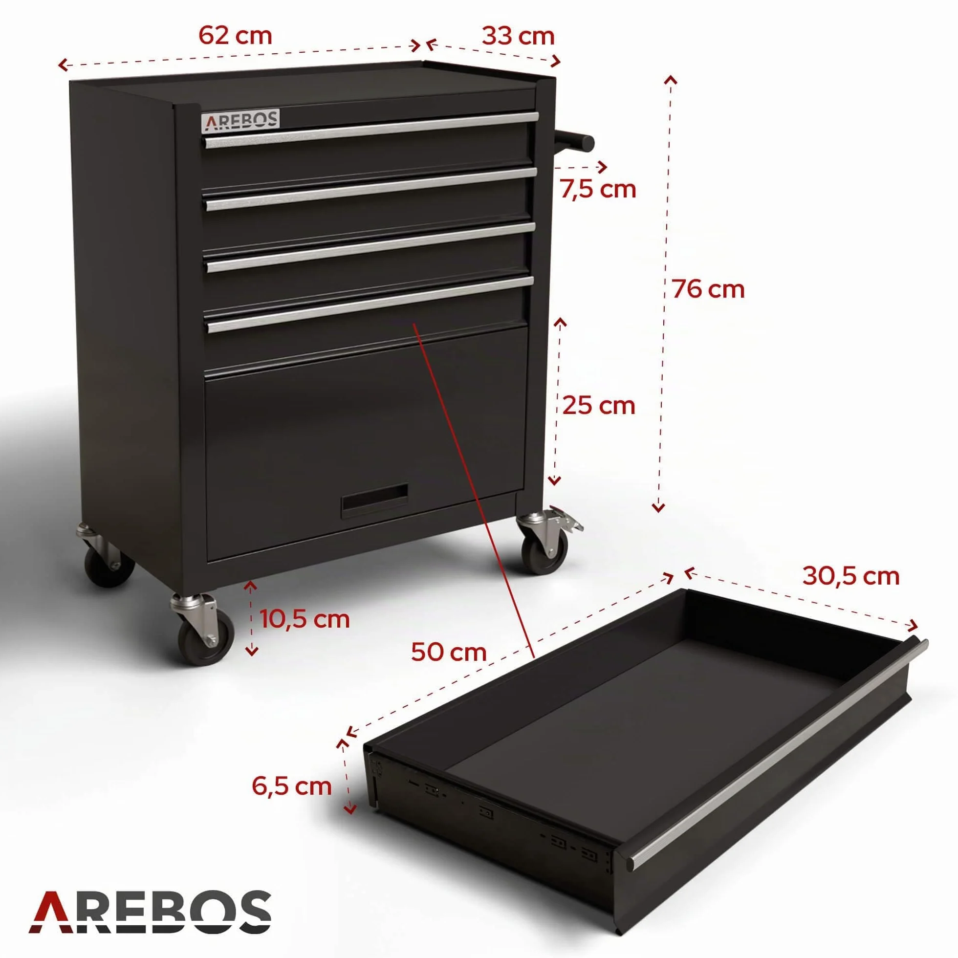 Arebos Carro de Taller 4 Compartimentos | 2 Ruedas con de estacionamiento | Espacio para Las Herramientas de un mecanico de Taller | Incl. Alfombrillas Antideslizantes | Negro