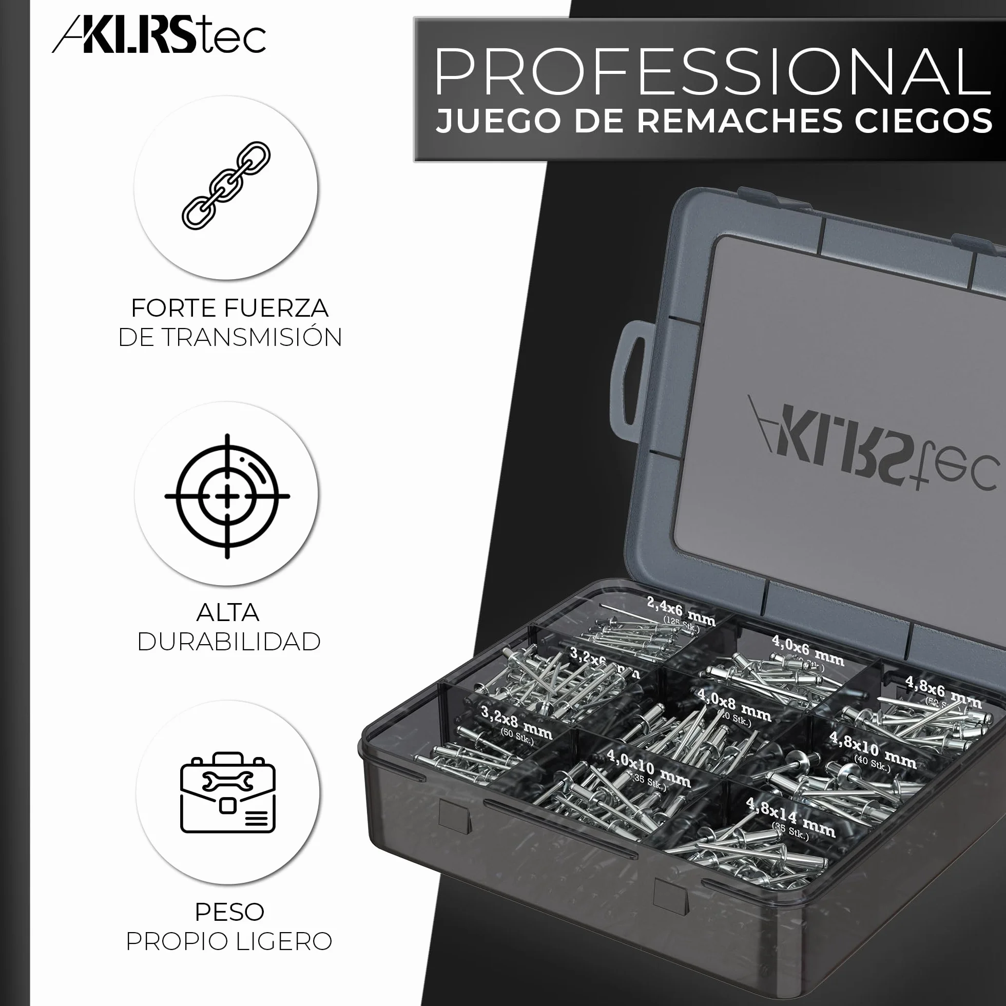 KLRStec Profesional Juego de Remaches Ciegos 500 Piezas de Aluminio y Acero para Remachadora – 125 Piezas de Cada Tamaño 2,4 mm, 3,2 mm, 4,0 mm y 4,8 mm