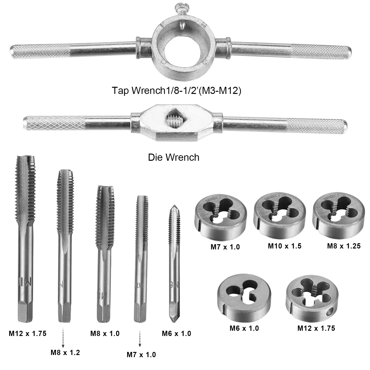 Juego de Terrajas y Machos de 12 Piezas Troqueles Métricos | Grifos y Manijas de LLave Juego de Herramientas Manuales Profesionales para Cortar, Roscar, y Moldear Tuercas