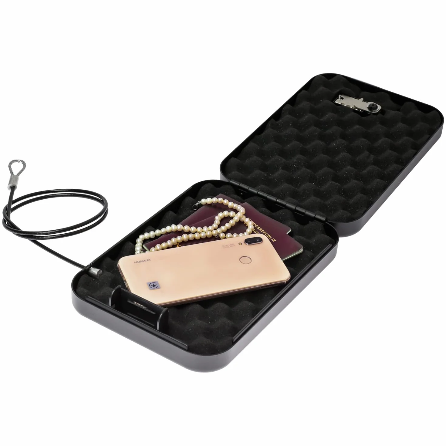 HMF 317-02 Caja de seguridad con cerradura de combinación, portátil, cable de seguridad 24x16,5x4,5 cm Negro