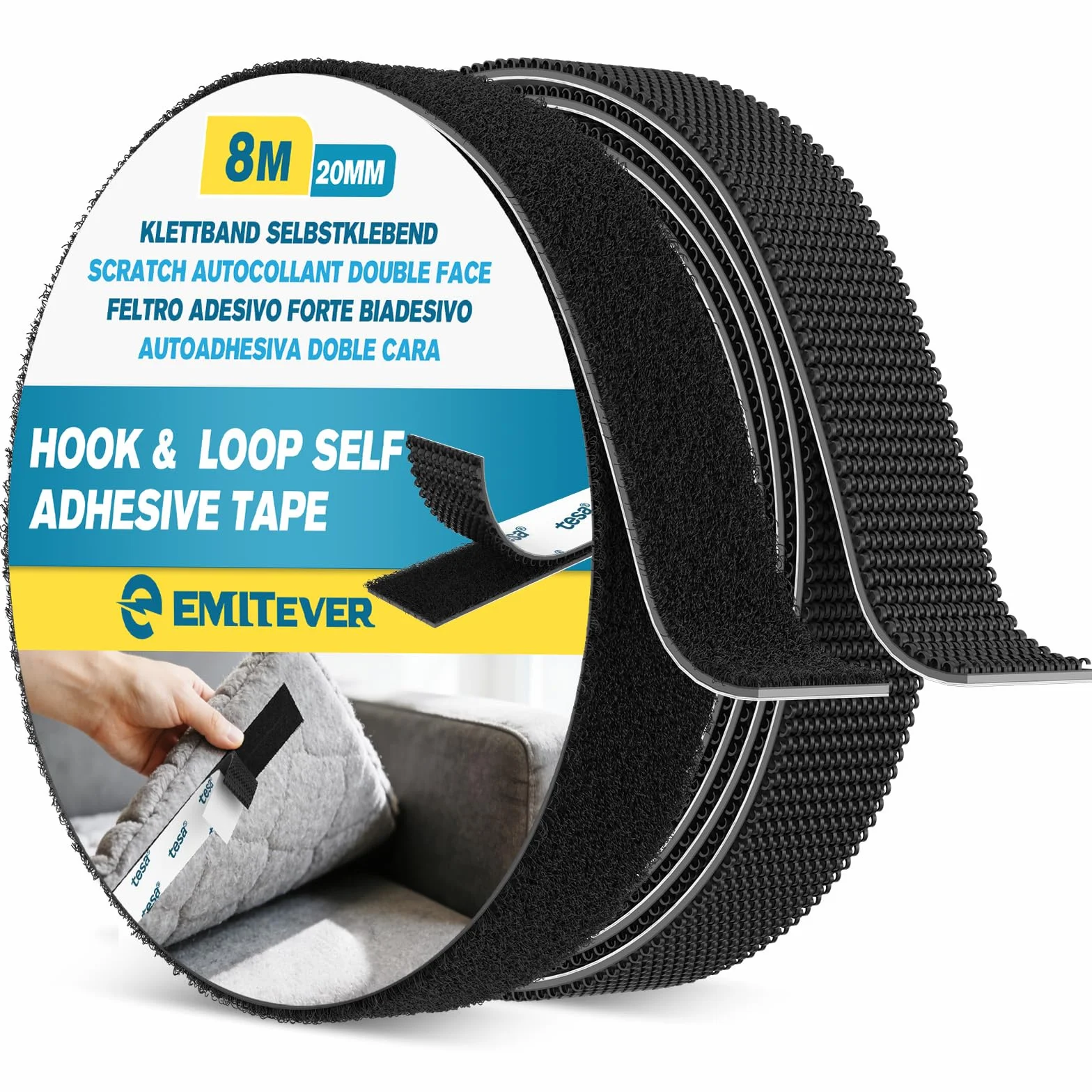 EMITEVER Autoadhesiva Doble Cara, Hook y Loop Tape Extrafuerte, Gancho y Cinta de Lazo Para Marcos De Fotos, Mosquiteras, Alfombrillas, Automóviles y Hecho a Mano (Negro, 8M X20mm)