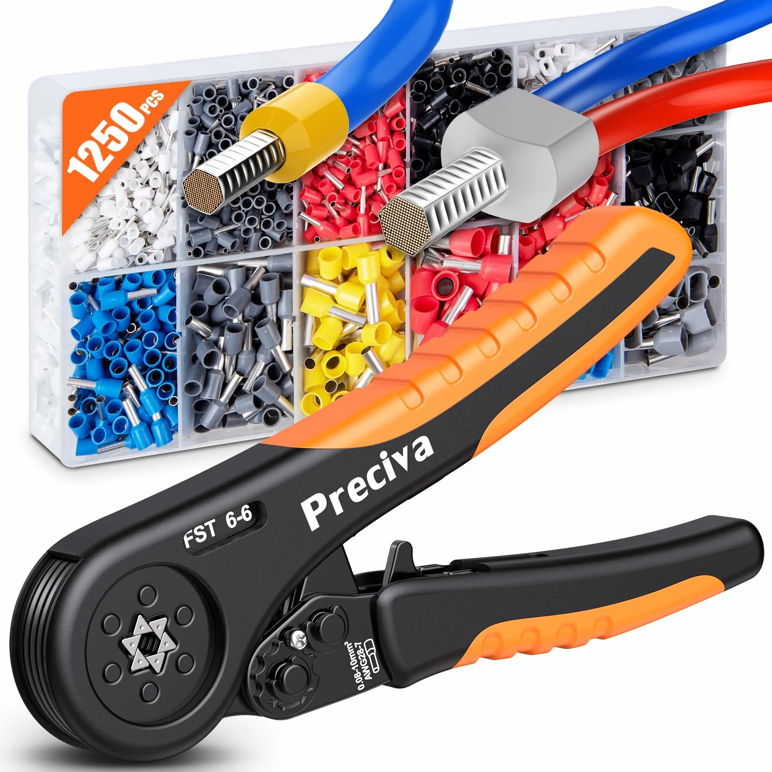 Alicates Terminales hexagonal,Preciva Alicate hexagonal de trinquete ajustable,se utiliza para extremos de cable de 0.08-10 mm² con 1250 Pcs conector de cable