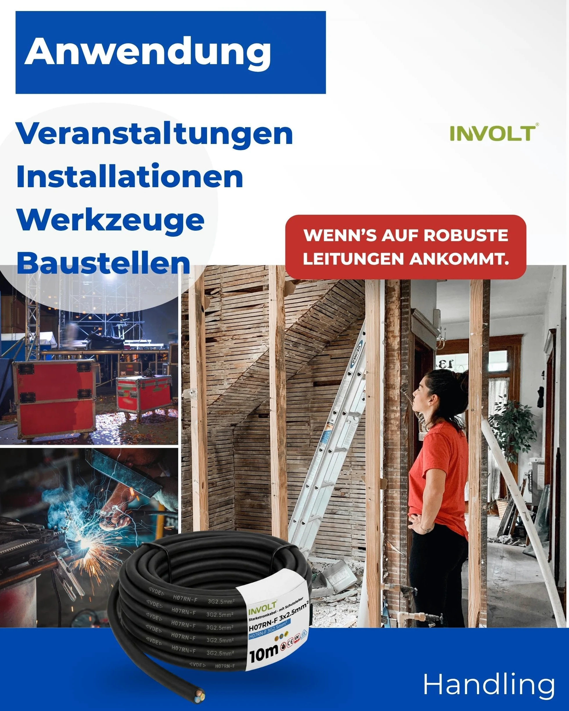 INVOLT Cable alargador CEE H07RN-F 3G2,5 mm², 10 m, cable de goma flexible con conductor de protección, para obras exteriores, certificado VDE