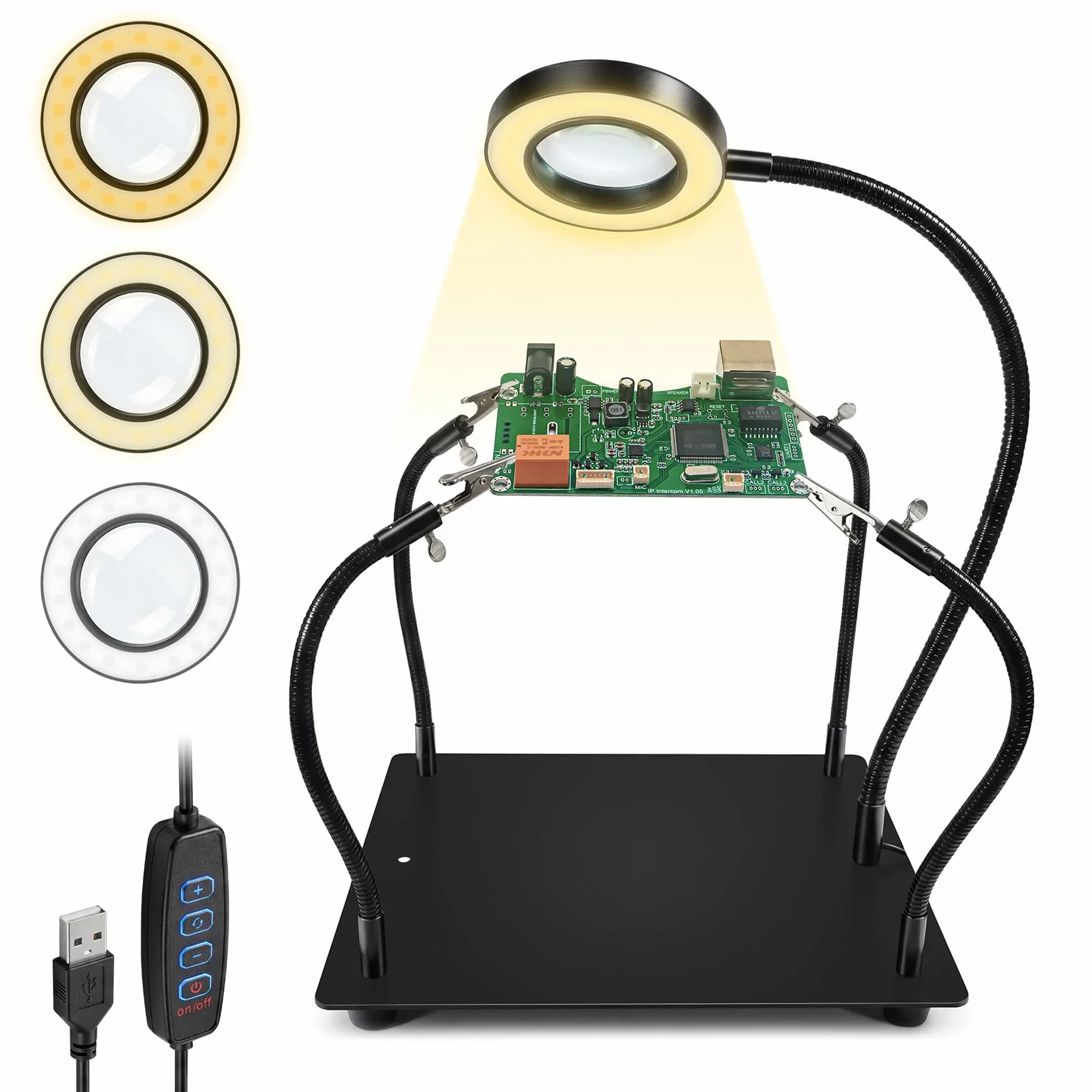 Estación de Soldadura 6X Lupa LED 4 Brazos Flexibles Soporte para Placa de Circuito Tercera Mano para Soldar Joyería Electrónica Manualidades