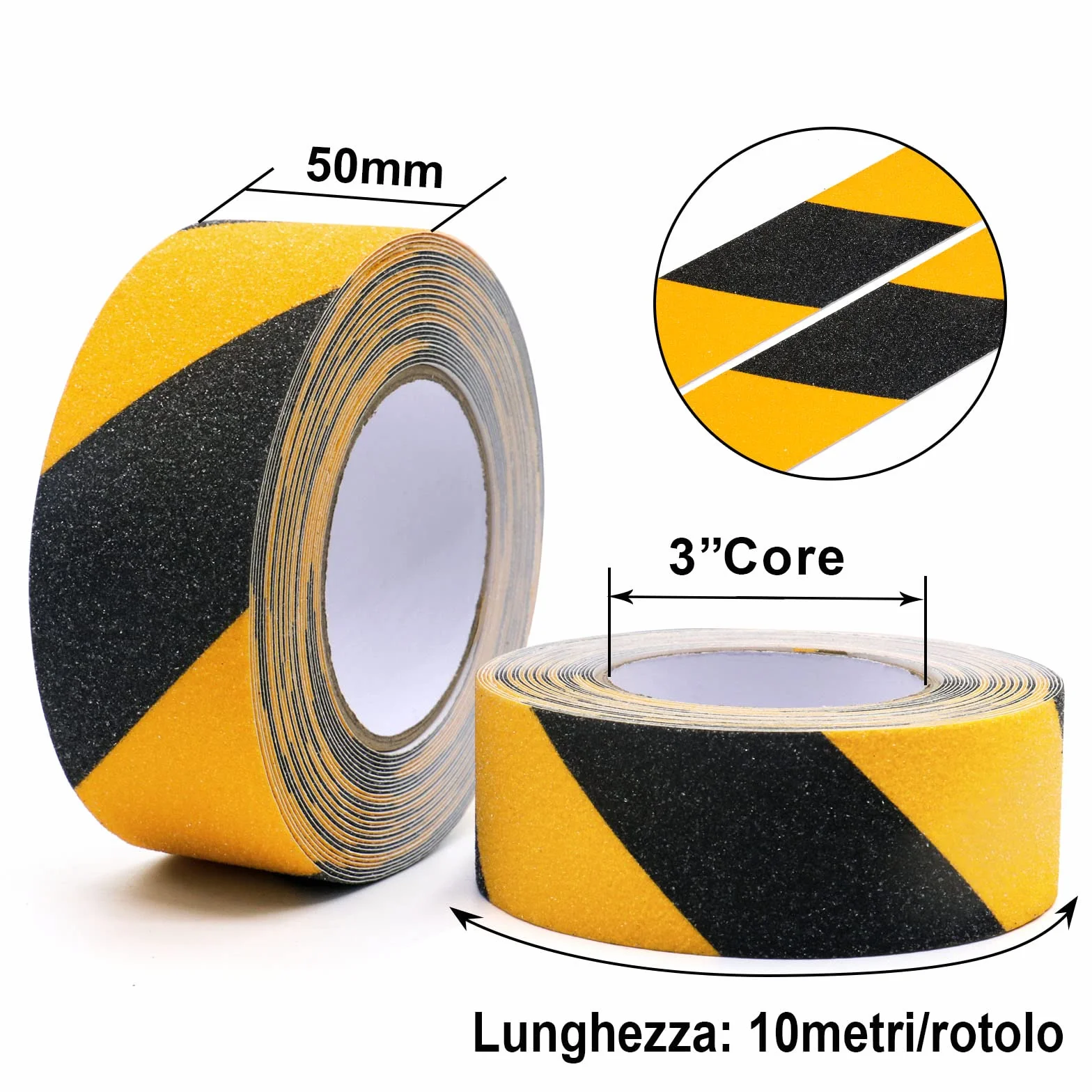 Cinta Adhesiva Antideslizante 2 Rolls de 10 m x 50 mm, Alta Tracción Fuerte Apretón Abrasivo, Cinta Antideslizante Seguridad para Exteriores y Interiores,BOMEI PACK (negro amarillo)