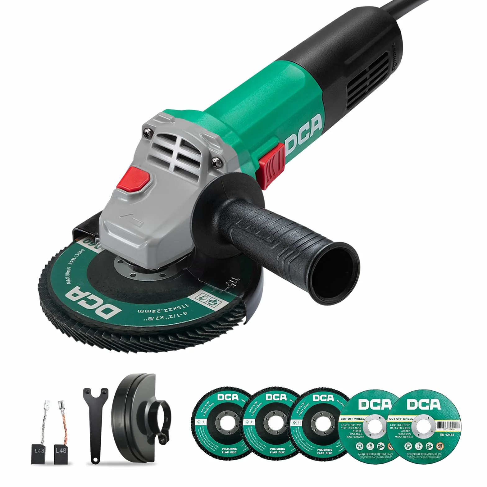DCA Amoladora Angular 860W 125 mm, 11.800 rpm, Cuerpo Ultra Fino (Circunferencia 178 mm), Carcasa de Engranajes Compacta, 1,6 kg Ligera Radial para Corte y Lijado