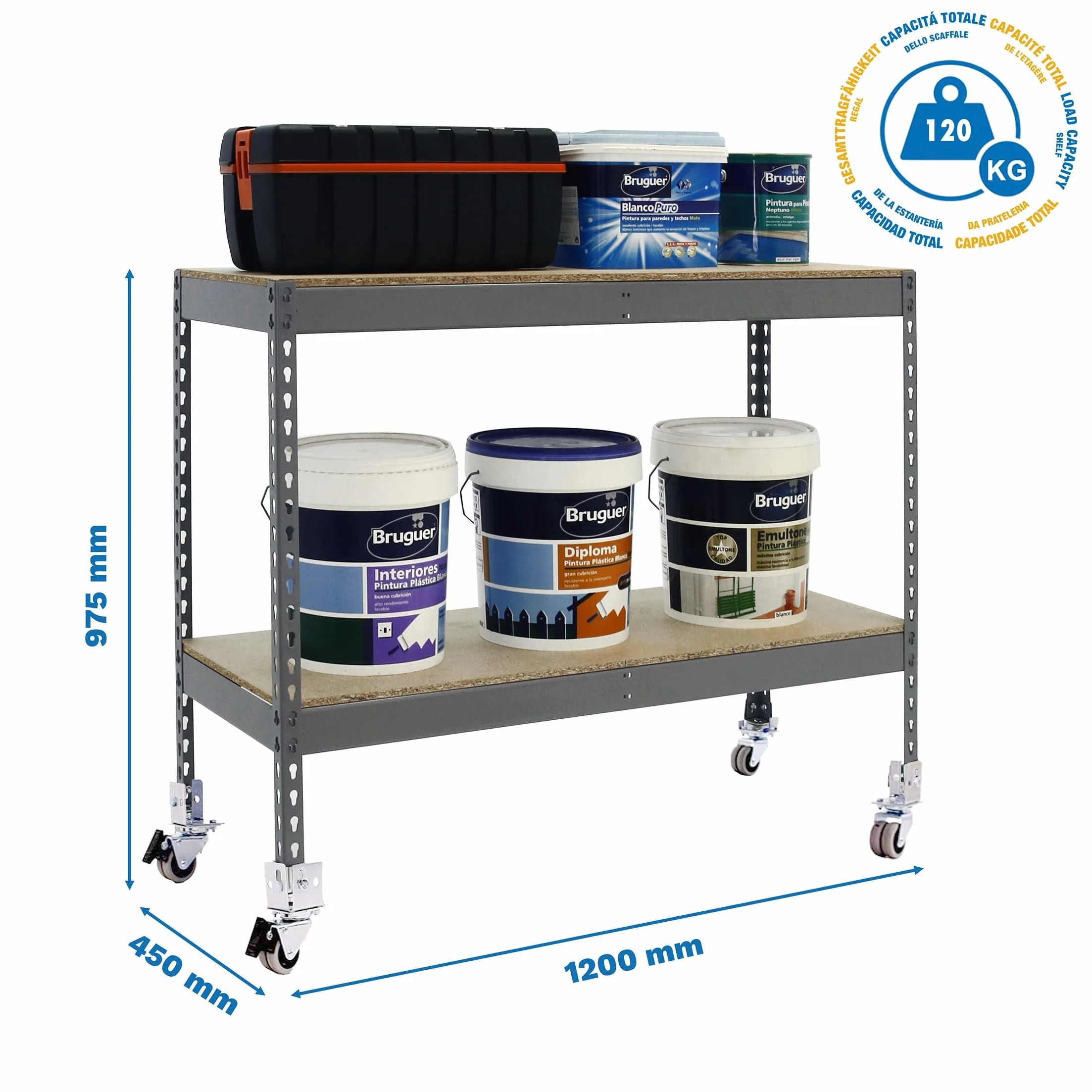 Simon Rack Estanteria Industrial, 975x1200x450 mm, 75 kg de Punto Flexión, 2 Alturas Madera, Estanteria Almacenaje, Inlcuye Ruedas, Gris/Madera - SimonTaller