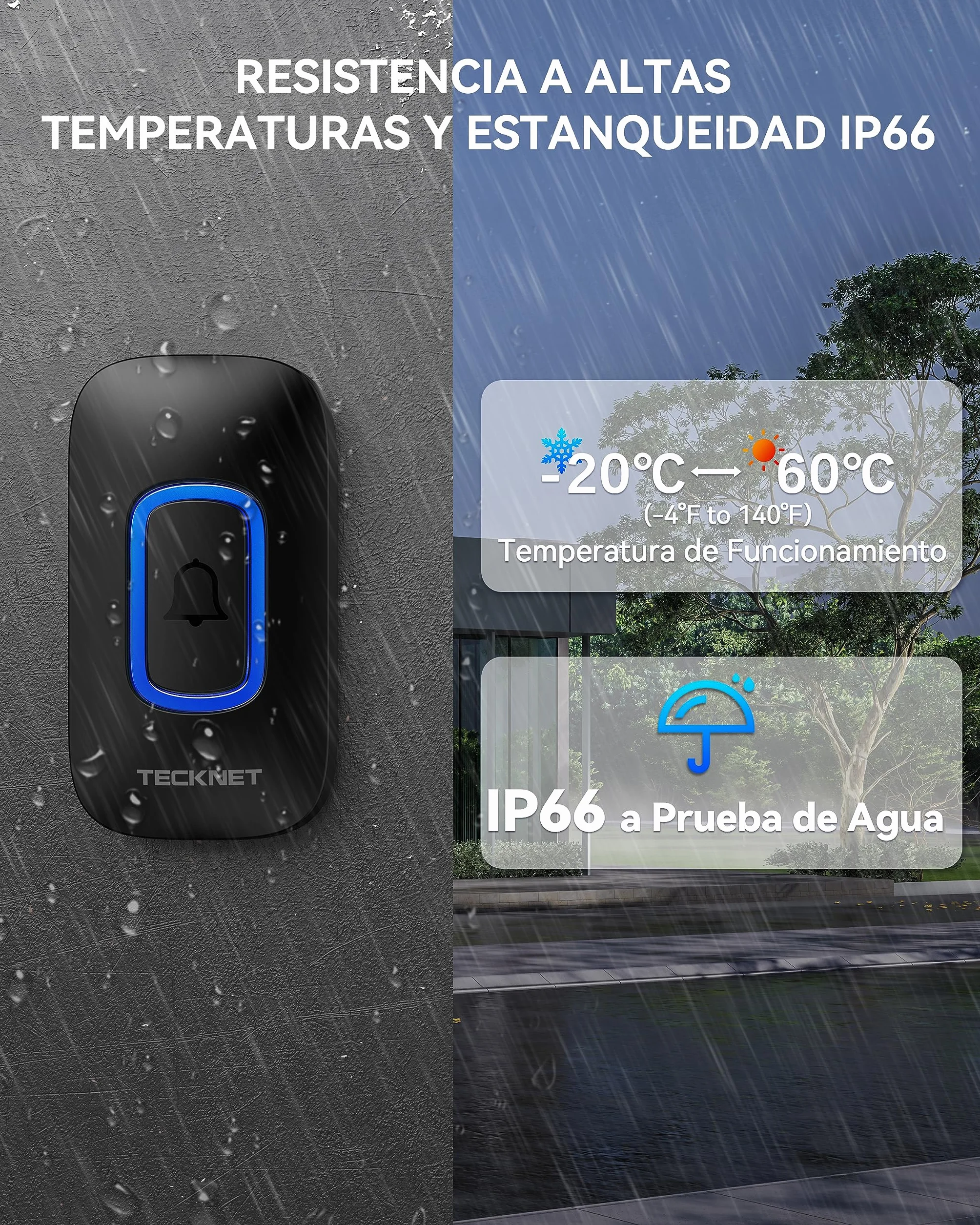 TECKNET Timbre Inalambrico Exterior, RGB Timbre Inalámbrico Exterior Impermeable IP66 con 2 Receptores, 400M Alcance, 5 Niveles de Volumen y 60 Melodías, Doorbell al Estilo de la Batería, Portátil