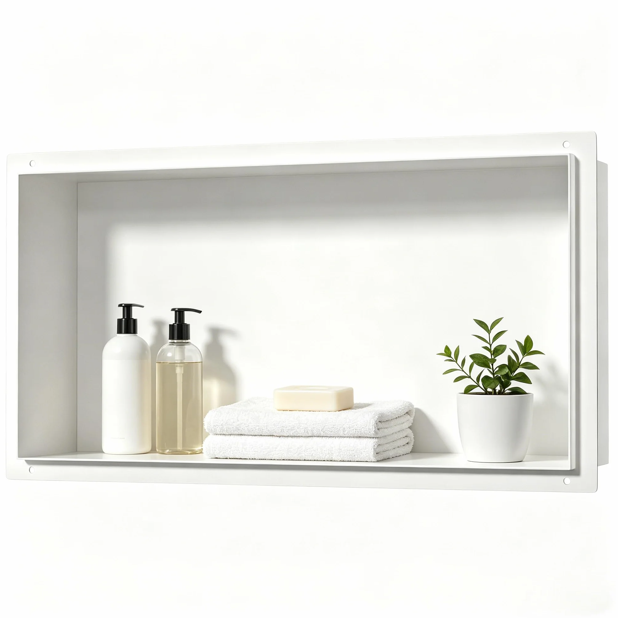 Nicho de ducha de acero inoxidable blanco 60x30x10 cm empotrada sin bordes montaje al ras